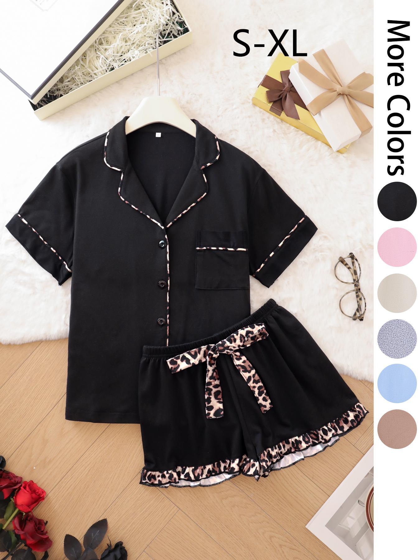 Women's Patchwork Contrast Binding Button Front Pocket Shirt & Ruffle Hem Shorts Pyjama Set, Casual Comfy Two-piece Pj Set, Ladies Summer Sleepwear, Pajama Set, Casual Lounge Sleep