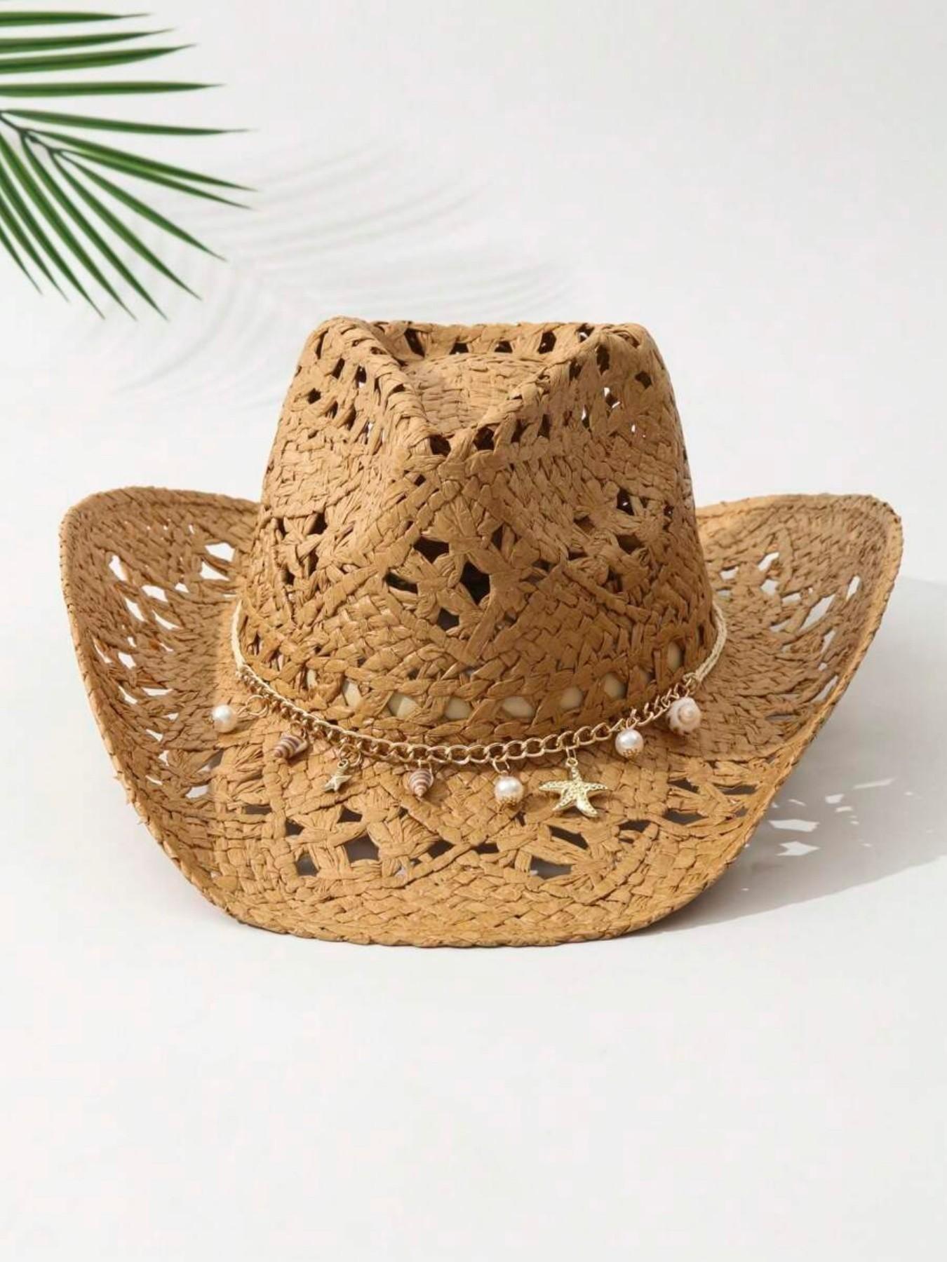 Women's Straw Pearl Shell Cowboy Hat, Foldable Beach Sun Protection Hat, Wide Brim Western Hat, Summer Fashion Accessory, Casual Hat