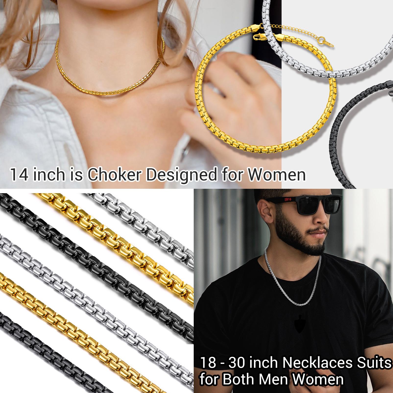PROSTEEL Flat Box Chain Necklace Stylish Stainless Steel Width 4/6mm Length 14-30 Inches Simple Minimalist Unisex Jewelry For Men Women Gift Box