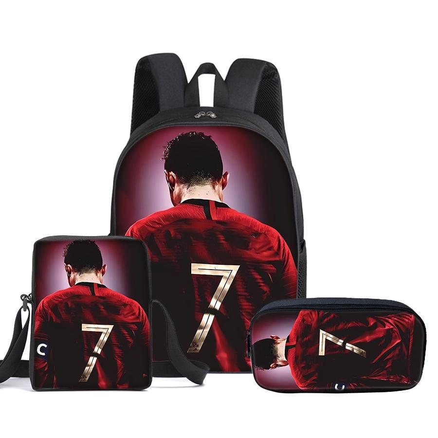 CR7 Football pattern printed 16-inch Soccer Backpack Stylish Casual Daypack with Shoulder Bag three-piece set (single-layer backpack + small shoulder bag + single-layer pencil bag) Backpack For Football Fans