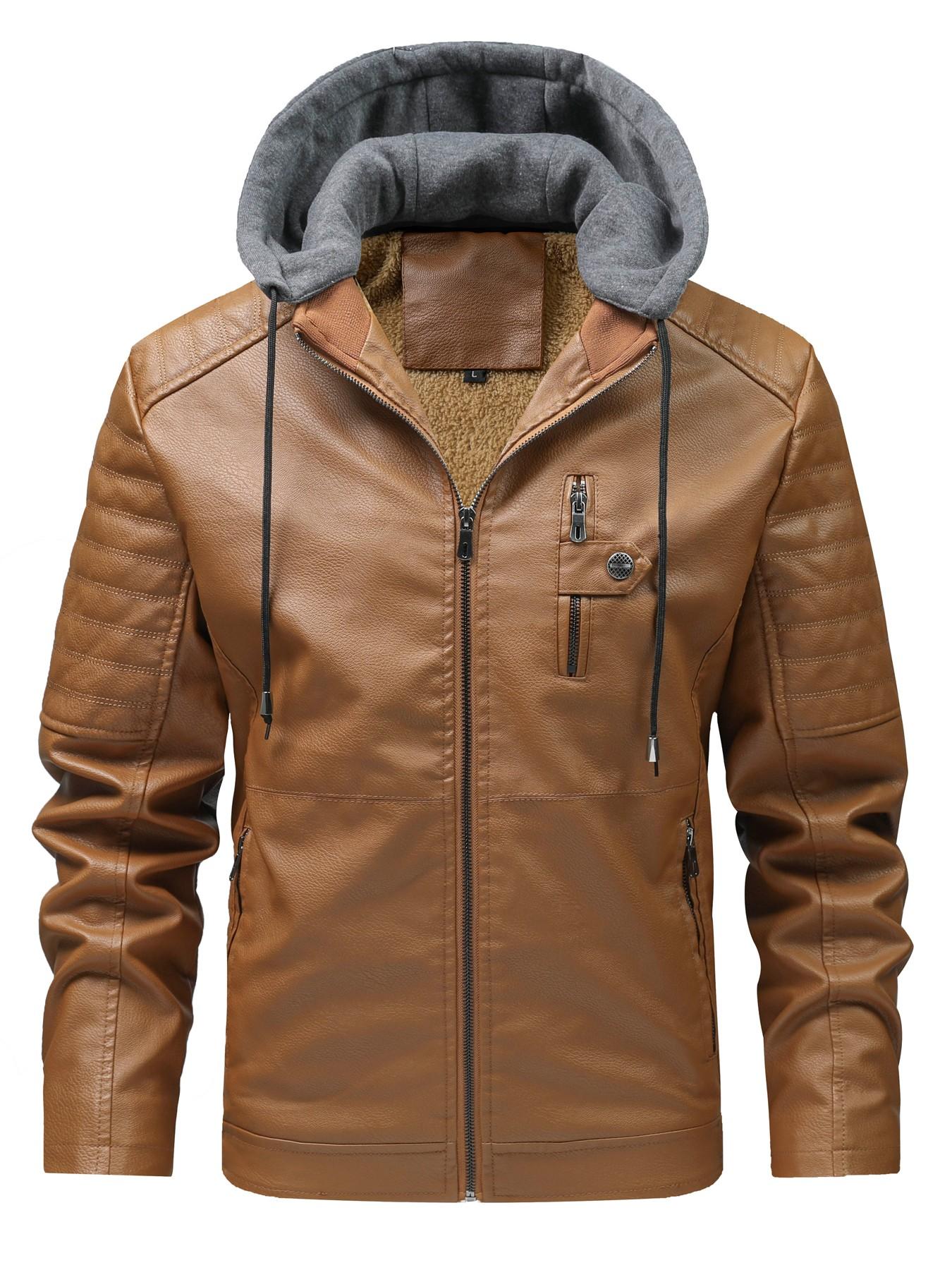 2026 Fall Winter New Plain Color Detachable Hat Leather Jacket Men's Youth Motorcycle Coat, Fleece Lined Hooded Leather Jacket for Men