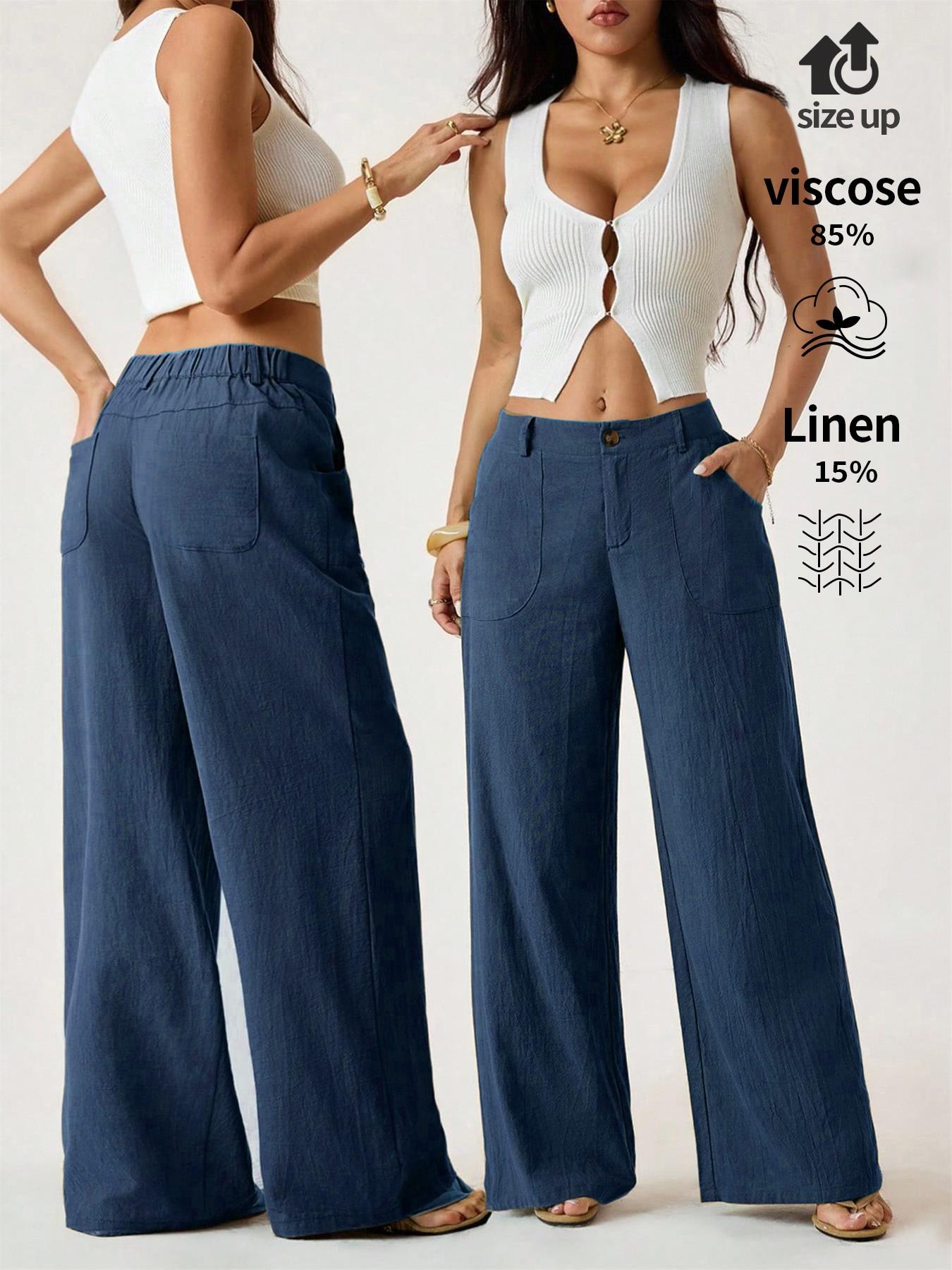Women's Classical Chic Linen Palazzo Pants Summer Flowy Loose Wide Straight Leg Beach Trousers With Pocket Casual Solid Color Soft Elastic High Waist Lounge Pants Travel Vacation Bottoms Date Brunch Home Work Streetwear Outfit