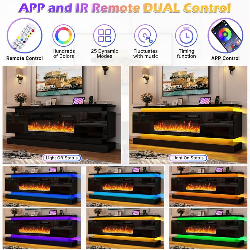 71in Fireplace TV Stands w/40 inch Fireplace Power Outlet for 85/80/75 Inch TV,High Glossy Modern TV Console Gaming Entertainment Center with 2 Storage Cabinets,Dual LED Lights,Black/White