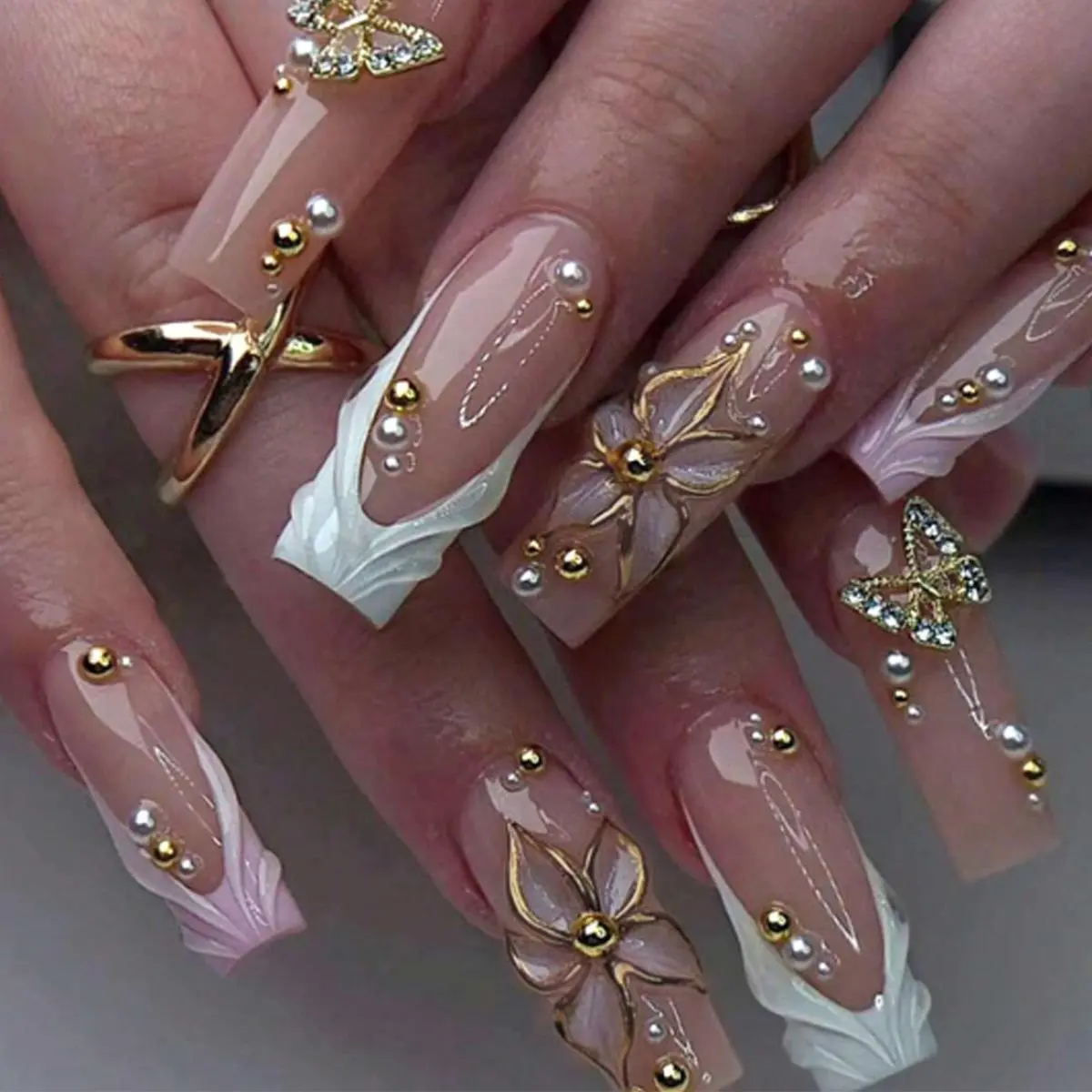 24 Pcs Long Square French Tip Press On Nails 3D Textured Floral Design Sparkling Rhinestone Butterfly Gold Beads Pearls Luxury Glam Fake Nails with Nail Glue Set