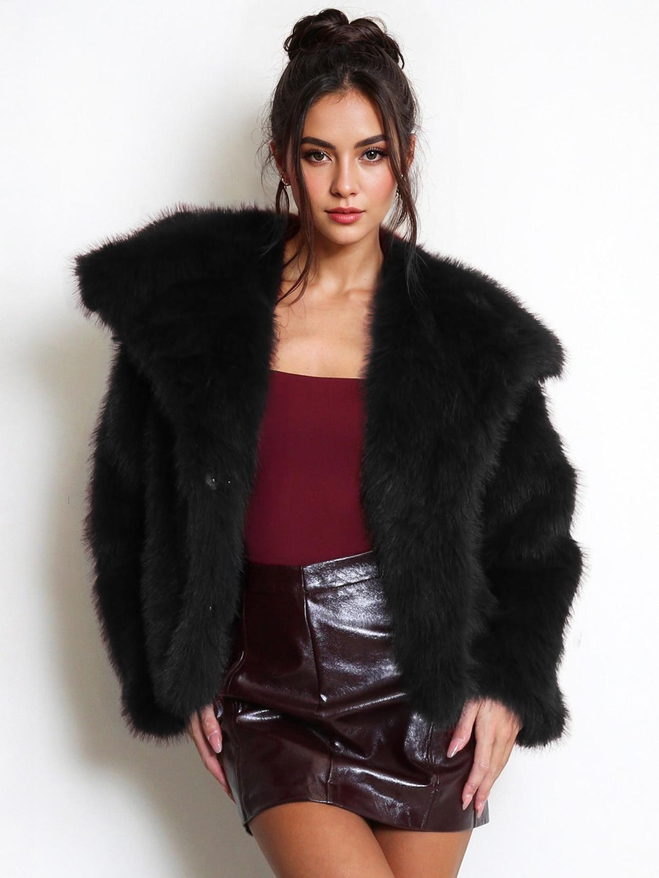 Women's Elegant Solid Color Wide Collar Zipper Closure Plush Warm Coat, Stylish Everyday Outerwear for Fall & Winter Seasons