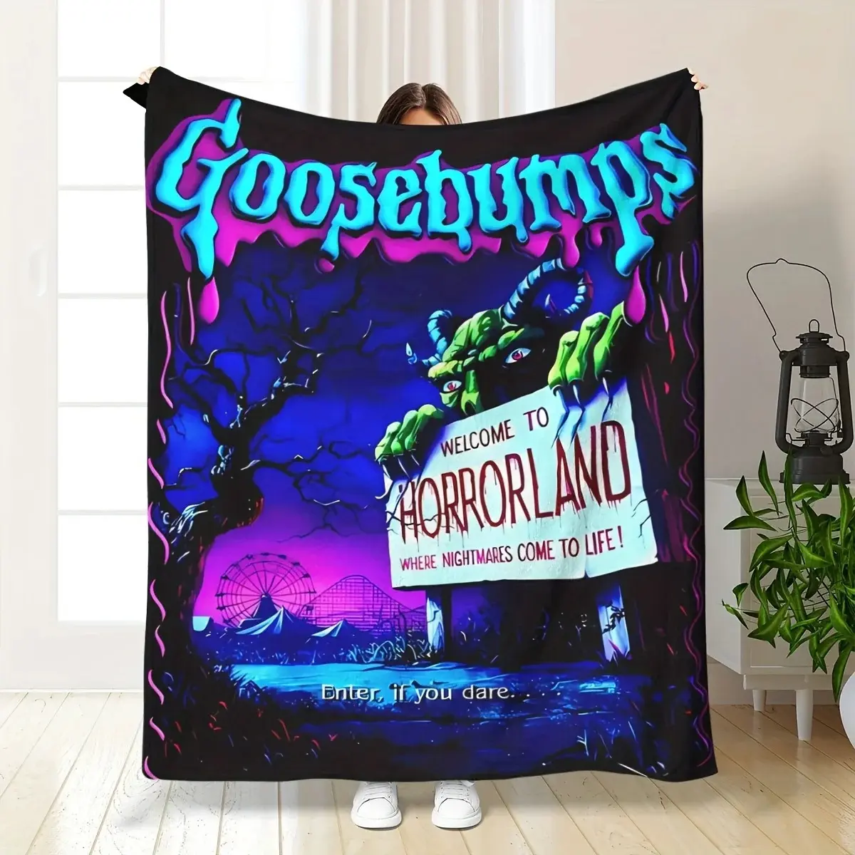 Goosebumps Horrorland Neon Themed Lightweight Flannel Throw Blanket, Multi-Size, Neon Lettering, Retro Spooky Amusement Park Art, Vibrant Purple-Blue Gradient, Soft Plush, Couch/Bed Use, Horror Fan Halloween Decor Gift