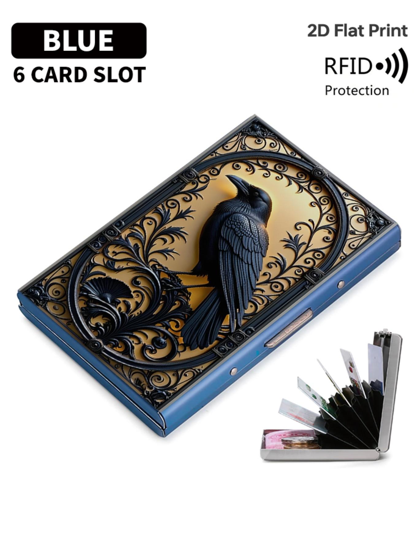 Crow Pattern Rfid Metal Card Holder, Multi-Layer Design, Ultra-Thin Magnetic Closure, Perfect Gift for Men & Women