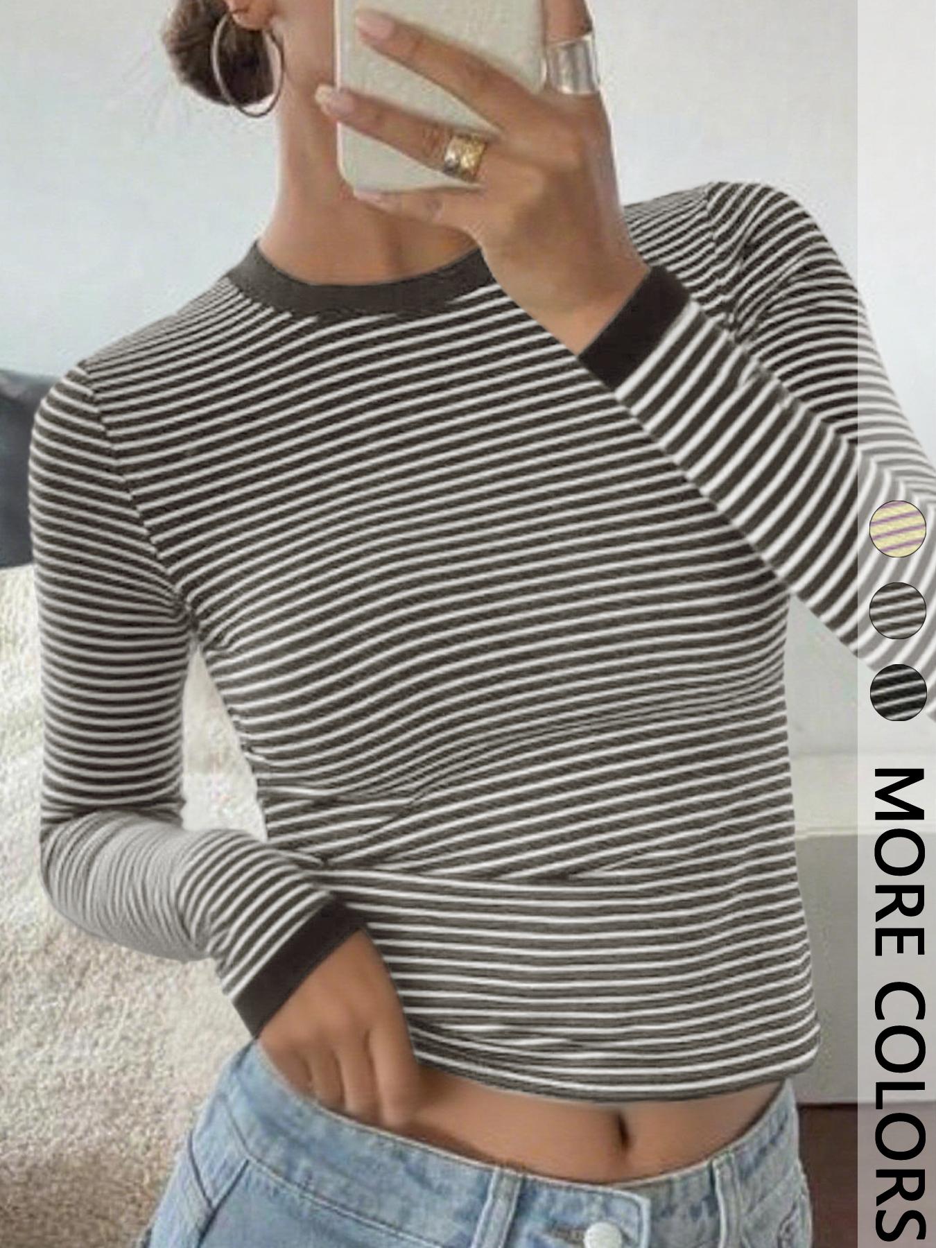 Women's Striped Slim-Fit Long Sleeve Casual Spring Summer Top, Stylish Plain Fashion Tee for Daily Wear, Comfortable & Trendy Design