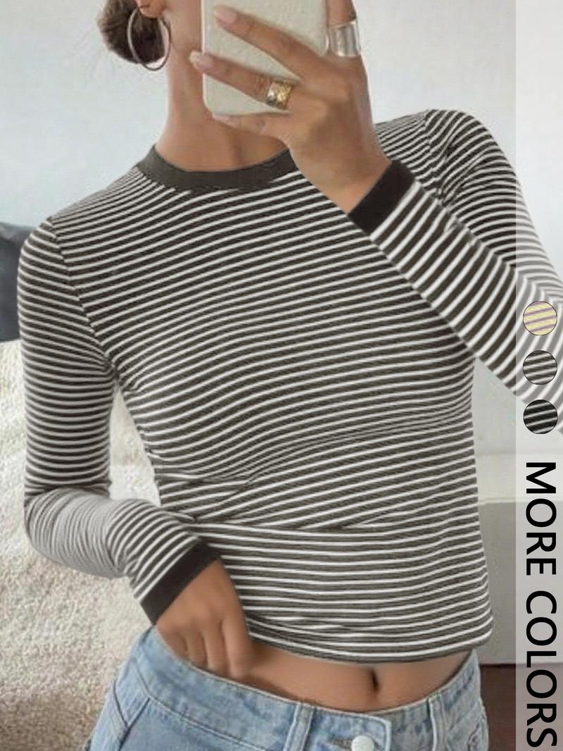 Women's Striped Slim-Fit Long Sleeve Casual Summer Top, Stylish Plain Fashion Tee for Daily Wear, Comfortable & Trendy Design