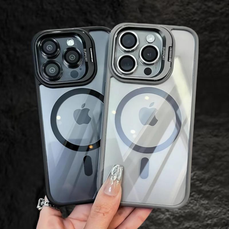 iPhone17 16 15 14 13 12 Max Plus Pro Magnetic Mobile Phone Case with MagSafe Camera Ring Holder, Military-Grade Protection, Anti-Fall, Non-Yellowing, Wireless Casing Protector Cover, Black Silicone