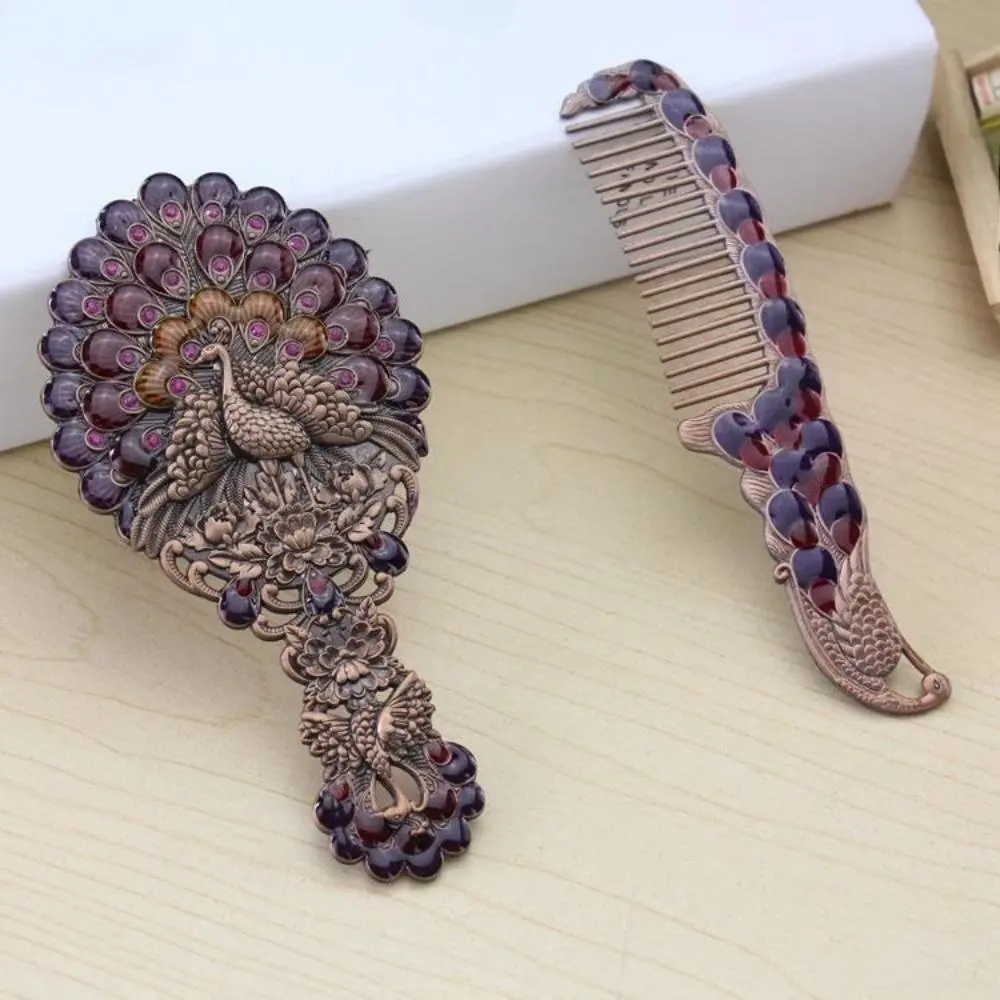 Vintage Peacock Spreading Tail Handheld Makeup Mirror, Portable Metal Cosmetic Mirror & Hair Comb 2-Piece Set, Elegant Decorative Beauty Kit, Ideal Holiday & Birthday Gift for Women, Compact, Daily Touch-Up