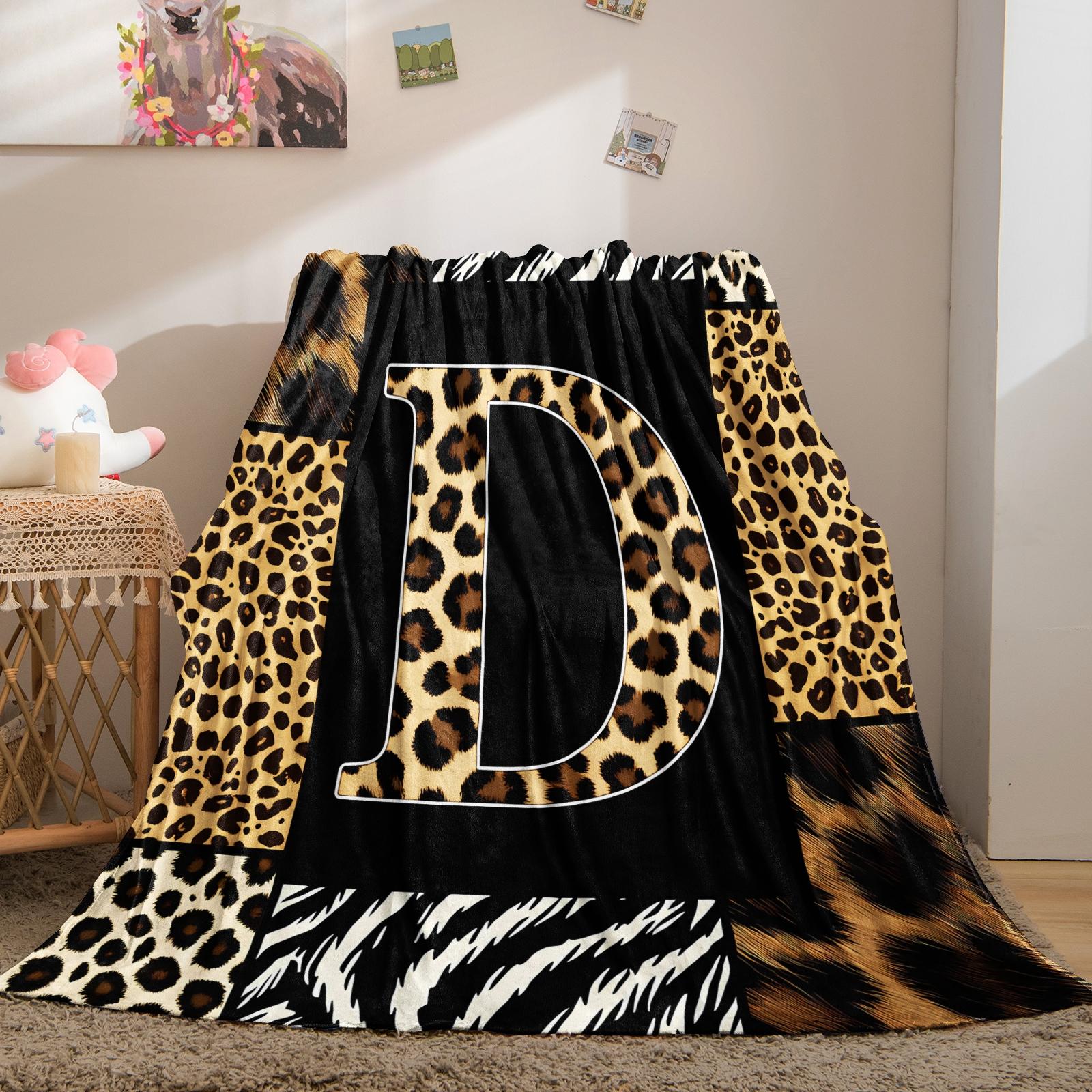 Animal Print Monogram Throw Blanket, Leopard Zebra Tiger Initial Soft Flannel Blanket for Sofa Bed, Gift for Animal Lovers