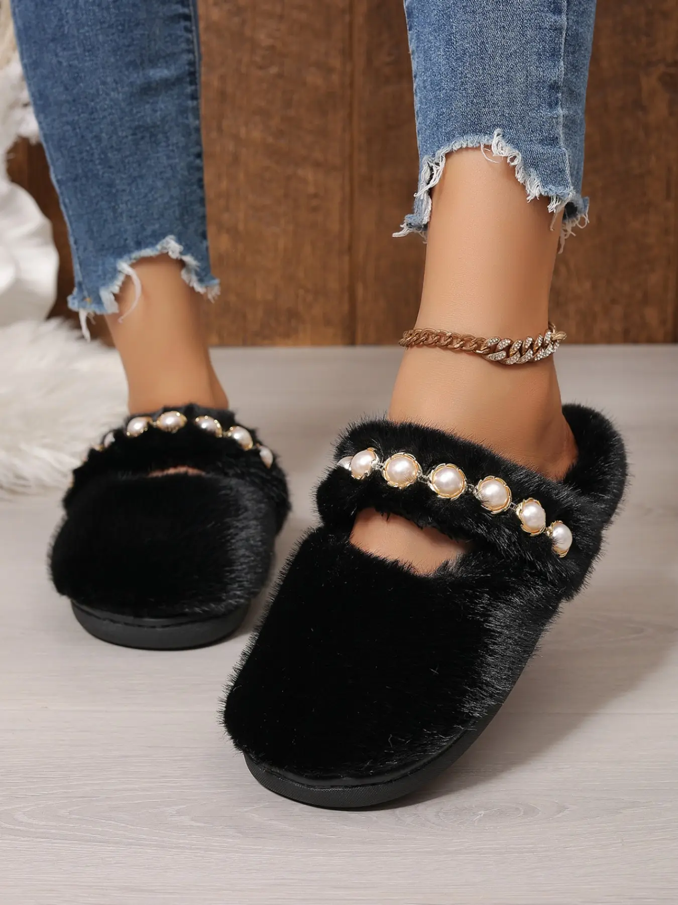 New Fairy Style Pearl Trim Fuzzy Slippers, Thick Long Fur Non-Slip Soft Sole, Fall & Winter Home Wear Cotton Slippers