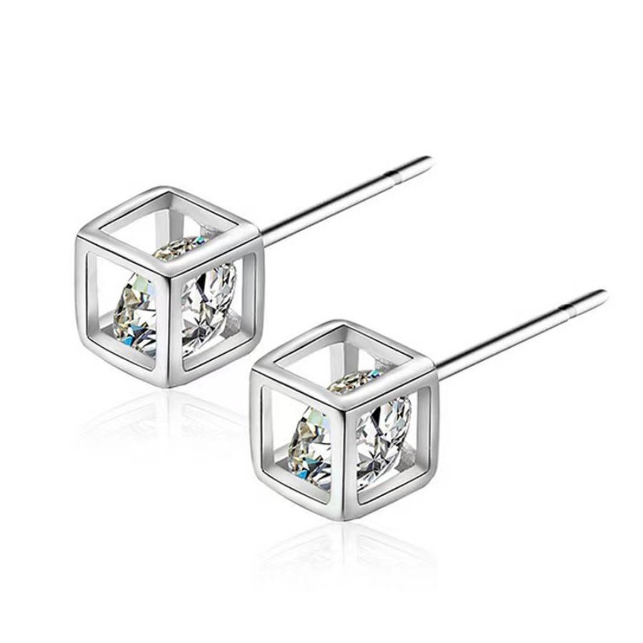 S925 silver love cube earrings geometric hollow square super flash diamond earrings personality creative simple temperament earrings