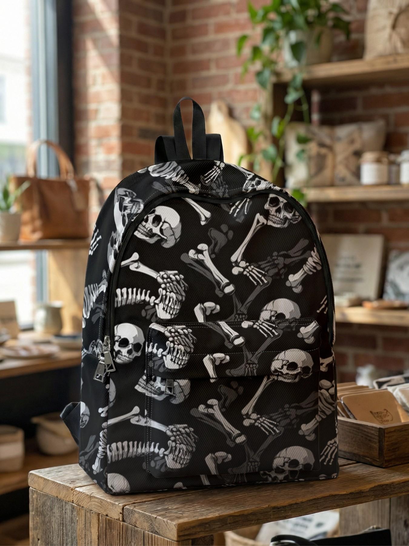 Skull Print Backpack, Fun Design, Fashionable Look, Spacious Storage, Ideal for School, Travel, Business Trips, All Seasons Use, Casual Printed Backpack
