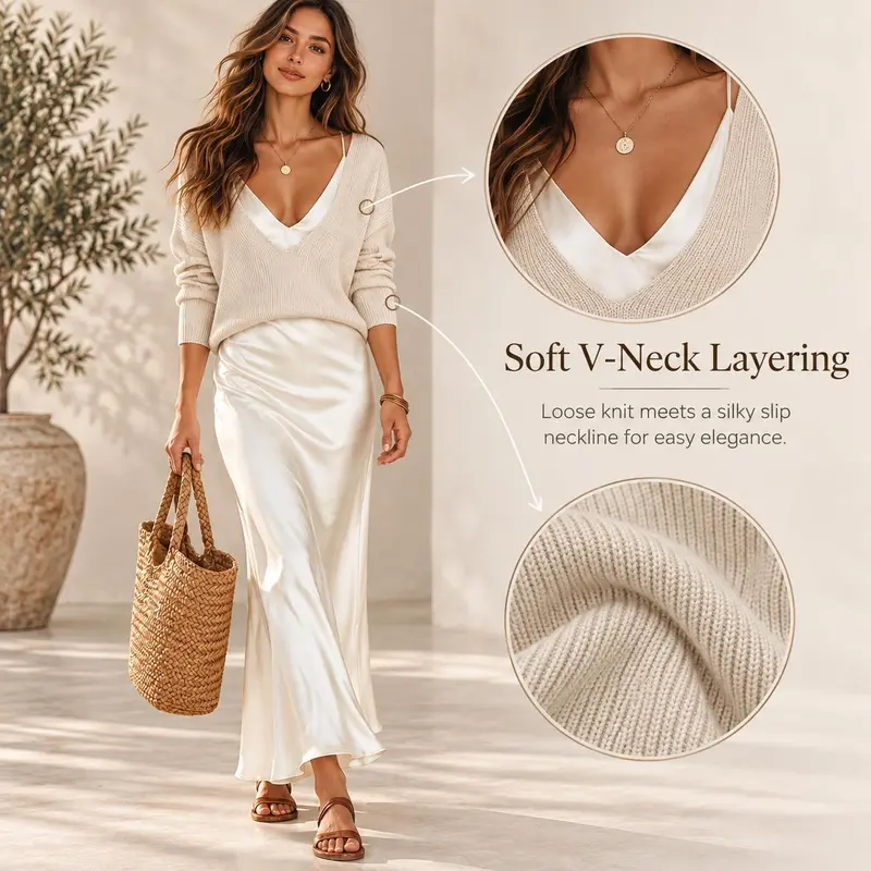 Create an effortlessly elegant look with this women’s 2 piece sweater dress set, featuring a soft V-neck knit pullover and a silky satin slip maxi dress.The relaxed sweater adds cozy texture and easy layering, while the smooth satin dress drapes beautifu