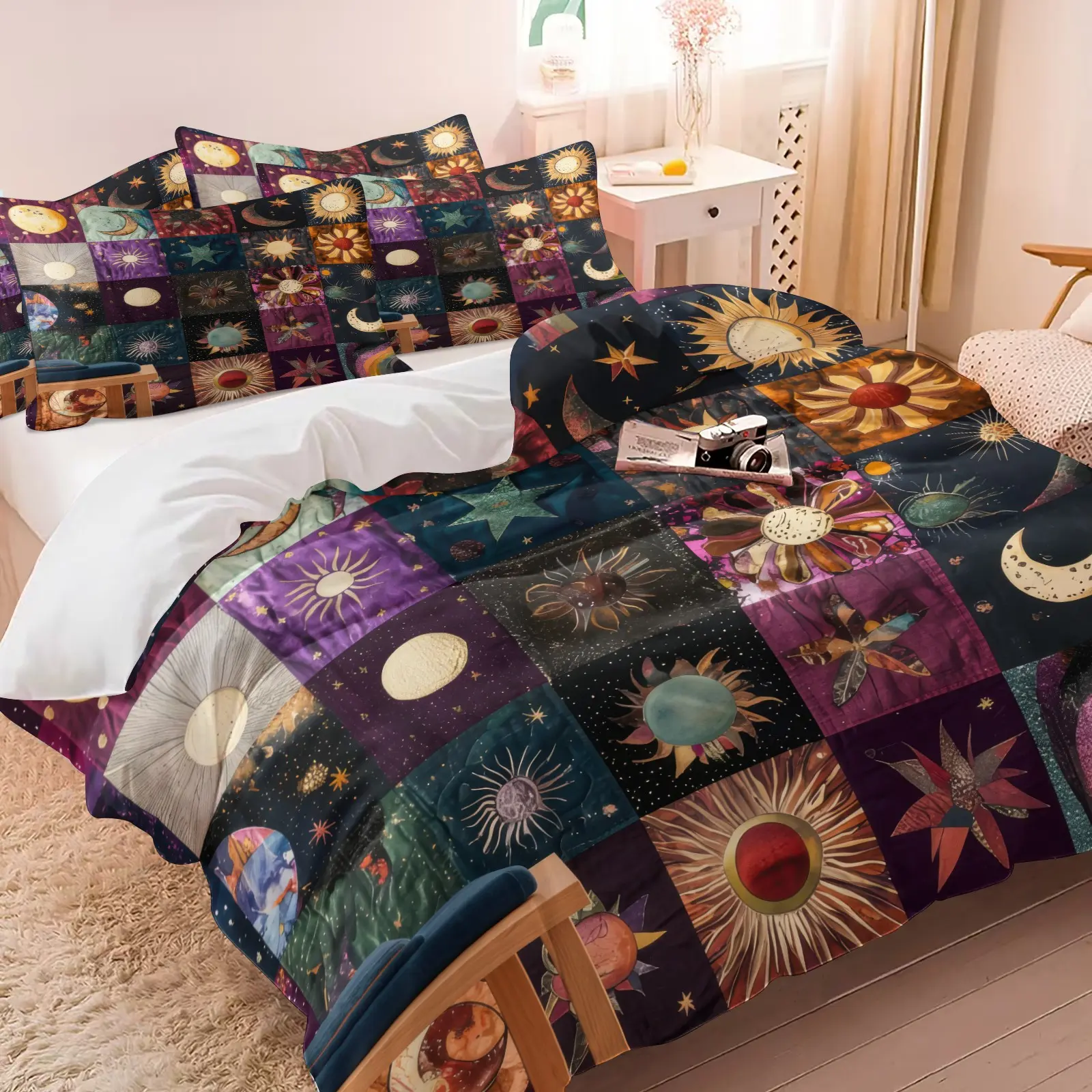Hippie Boho Patchwork Celestial Sun Moon Planet Duvet Cover Set, Print Bedding Set (1 Duvet + 1-2 Pillowcases), Soft Skin-Friendly Breathable Wrinkle Resistant Fabric, HD Multi-Color Grid Starry Sky Print, Vintage Astrology Decor For Bedroom Dormitory