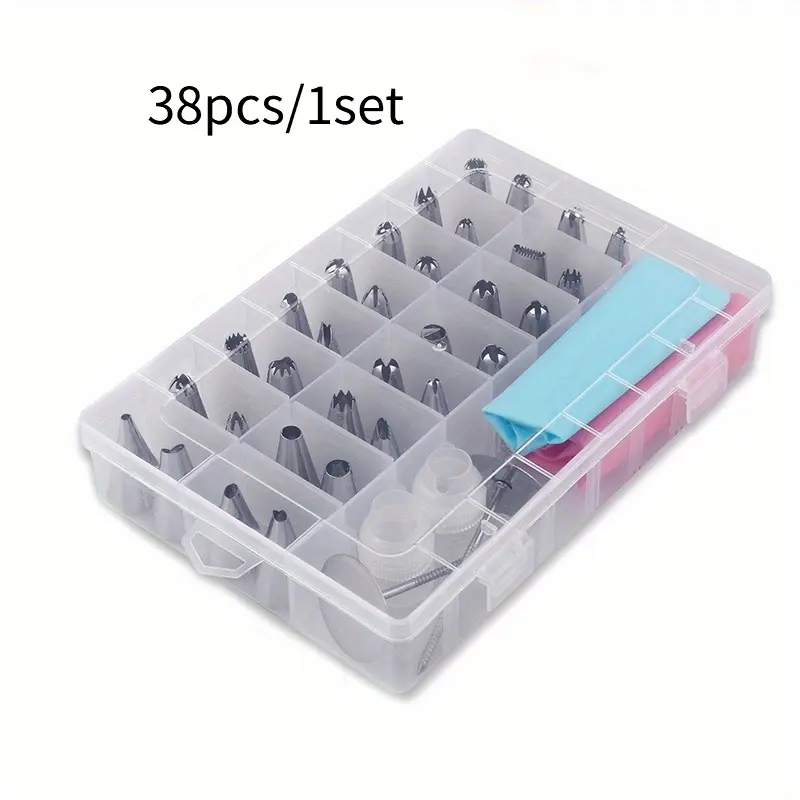 38pcs/set Piping Nozzle & Box Set, Simple Piping Tip & Storage Box For Baking Including 32 Mounting Tips + 2 Mounting Nails + 2 Mounting Bags + 2 Converters)