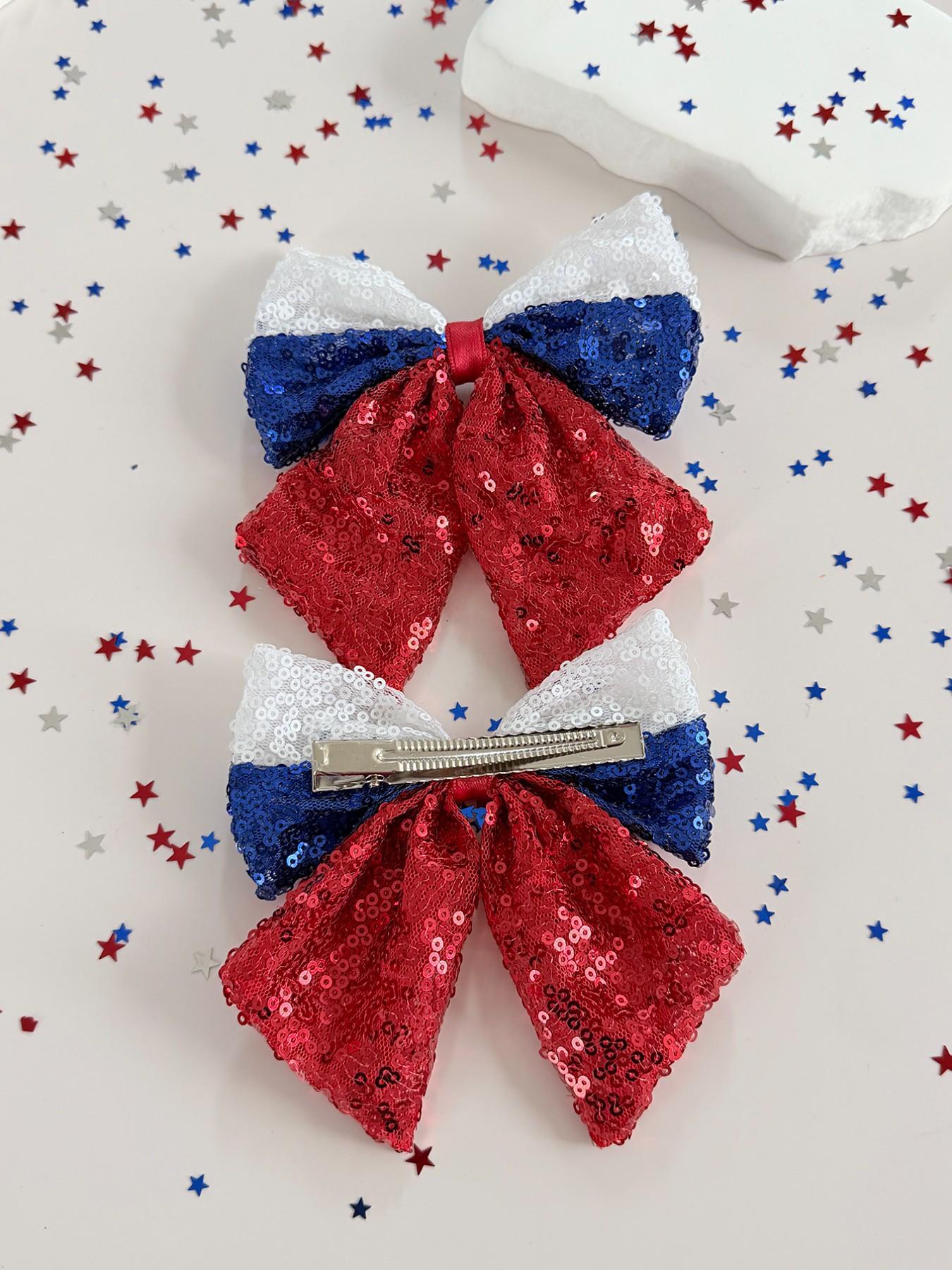 Women's Independence Day Hair Clips Blue Sequins Bow Patriotic Theme Party Headwear, 2pcs Ladies Hair Accessories