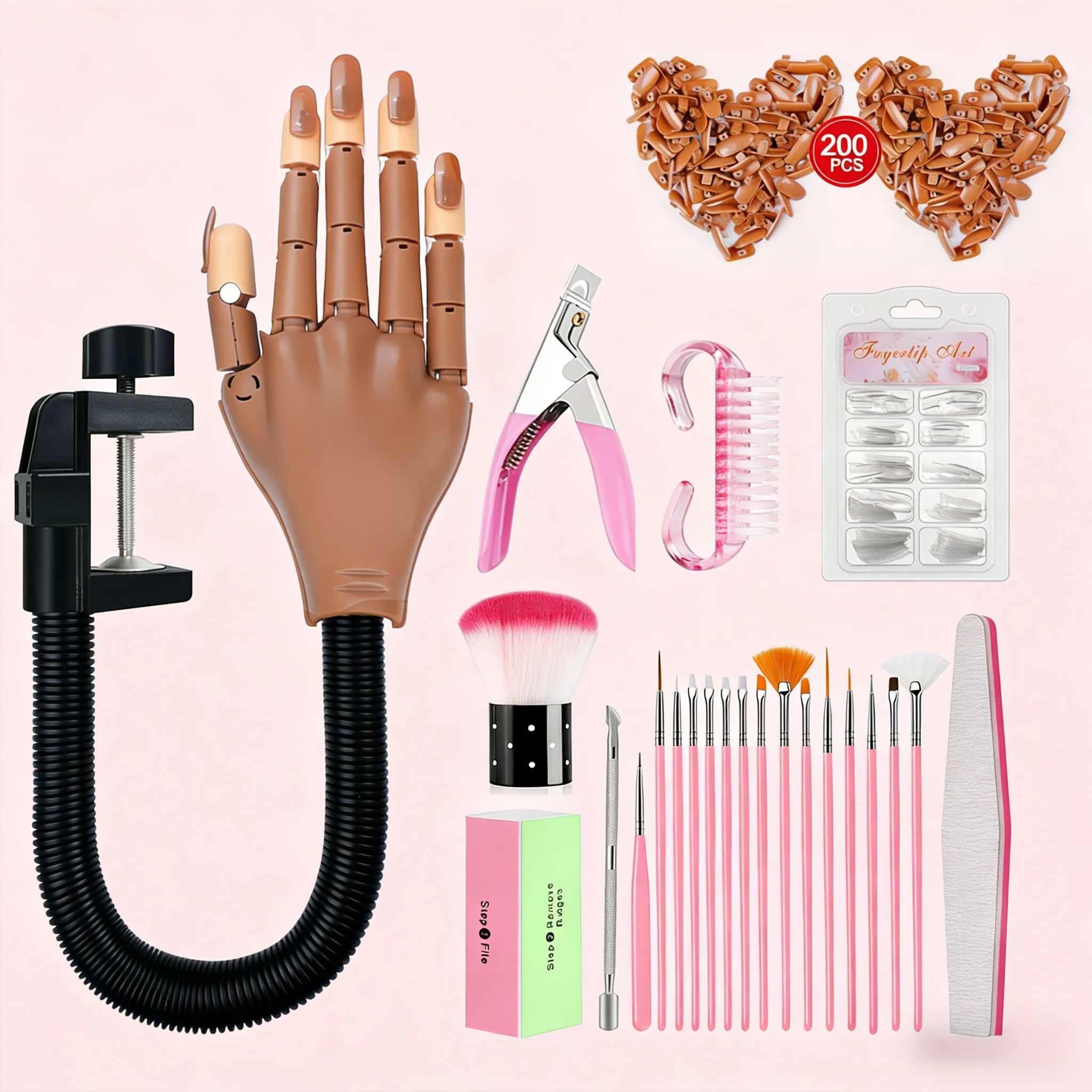 Practice acrylic nails hand, flexible and movable fake hand, nail art training hand nail set, movable nail hand, includes 200 nail tips, nail glue, cleaning brush, and nail clipper, suitable practice tool for beginners, professional tool for nail salons