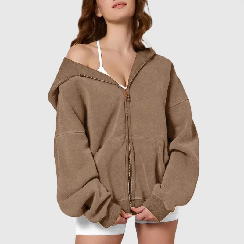Women's Vintage Acid Wash Zip-Up Hoodie - Oversized Drape Heavyweight Cotton Fleece Long-Sleeve Casual Sweatshirt with Kangaroo Pockets, Easy Style for Streetwear