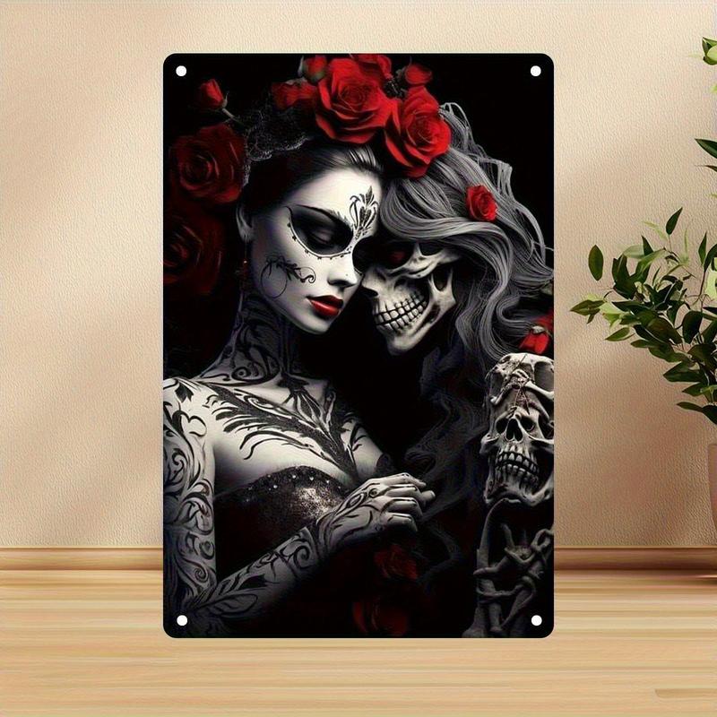 1PC 2D Flat - Gothic Sugar Skull and Rose Metal Wall Art - Vibrant Iron Sign with Intricate Tattoo Design, Black and White Contrast, Perfect for Home, Coffee Shop, Bar Decoration, Unique Valentine's Day Gift, Easy to Hang, Home Decor