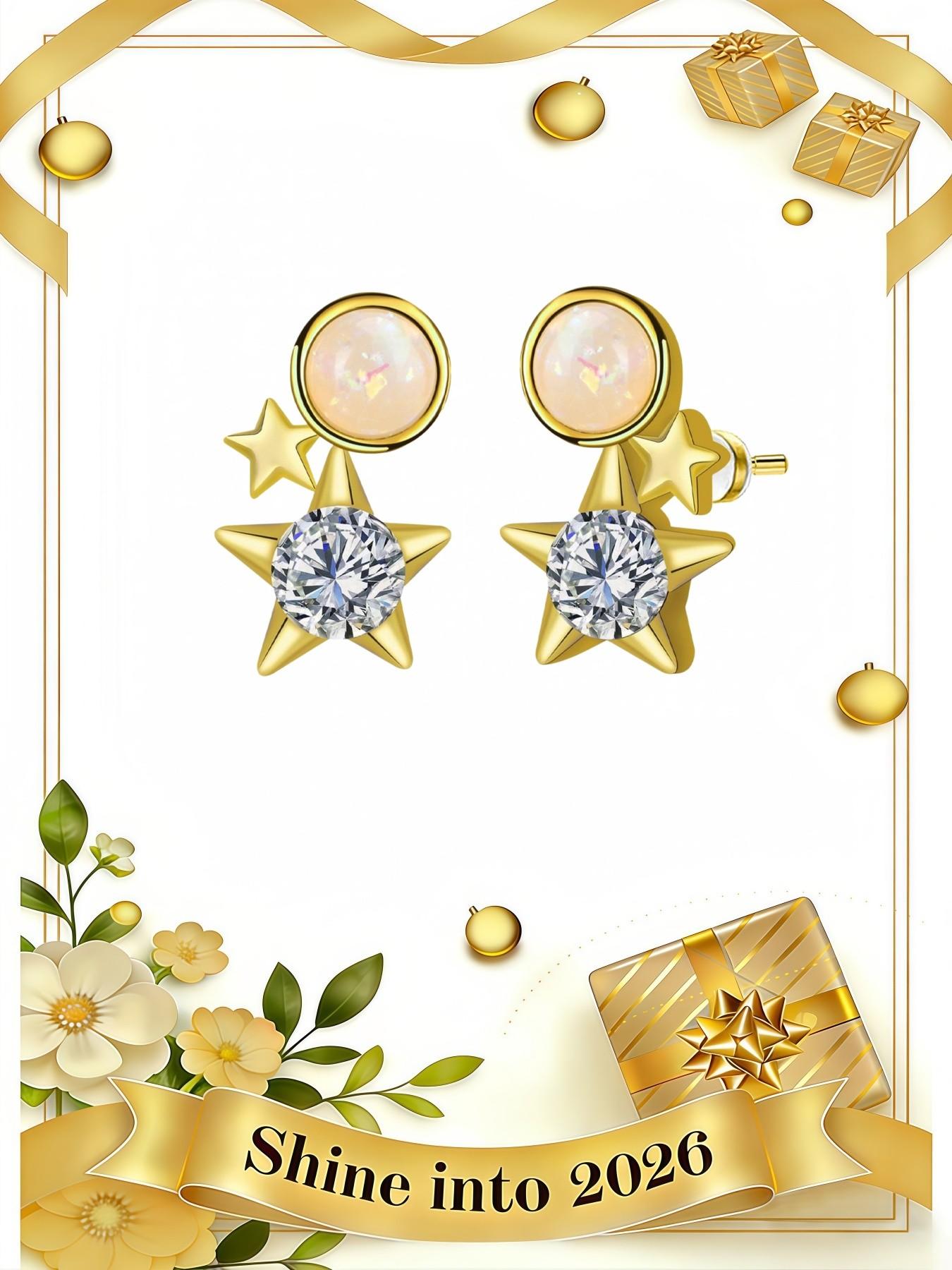 Double Glow Star Ring · Gold Sequence | Original Niche Star Opal Earrings, 925 Sterling Silver Needle Luxury Studs, Daily Essential Lucky Charm Accessory, Perfect for Valentine’s & Birthday Gifts