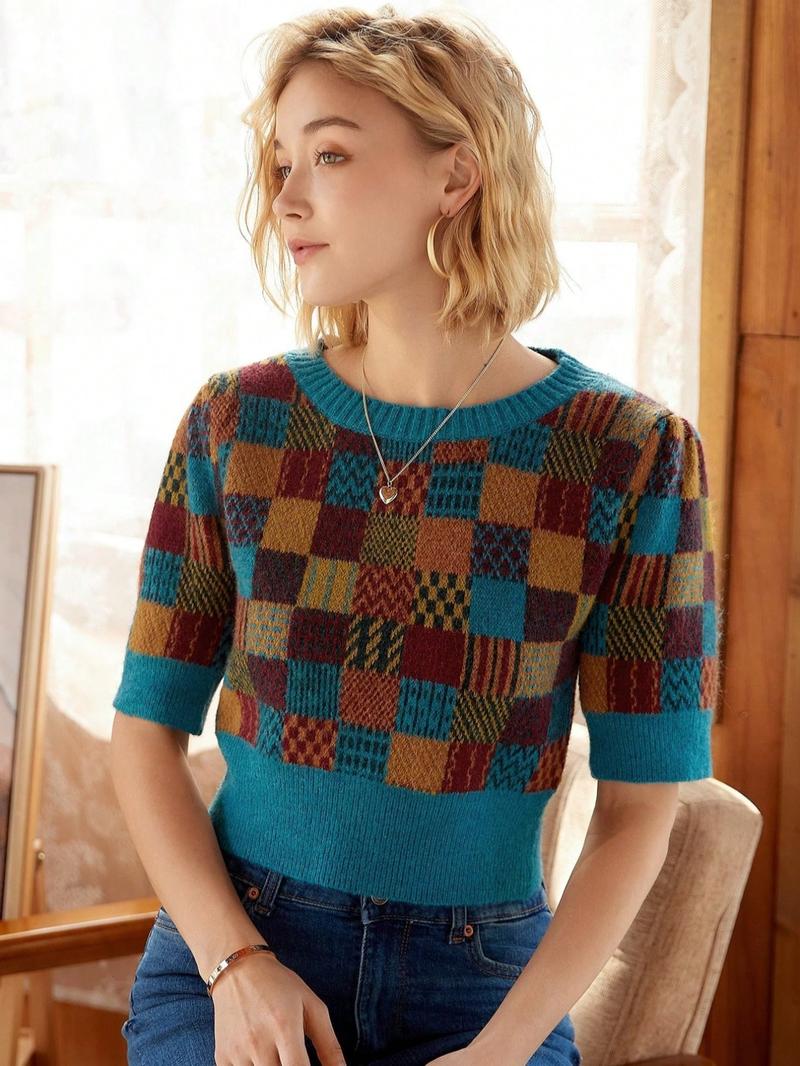 Women's Random Plaid Pattern Round Neck Sweater, Casual Half Sleeve Crew Neck Jumper for Fall & Winter, Fashion Ladies' Knitwear for Daily Wear