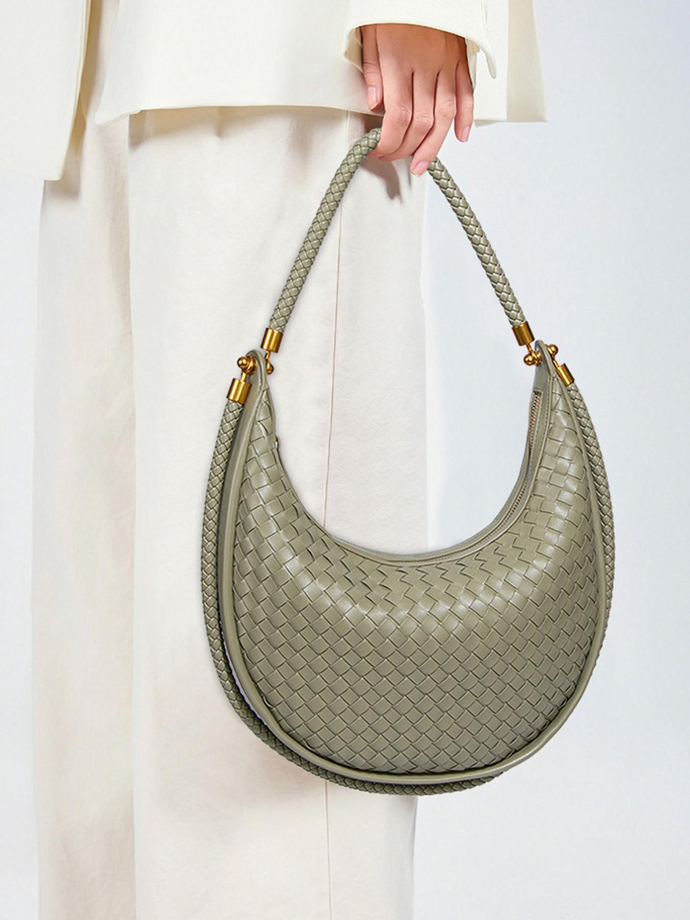 Handmade Custom Woven Bag for Women, Casual Handbag, Crescent Moon Shoulder Bag, Avocado, Lazy Chic, High-End Style