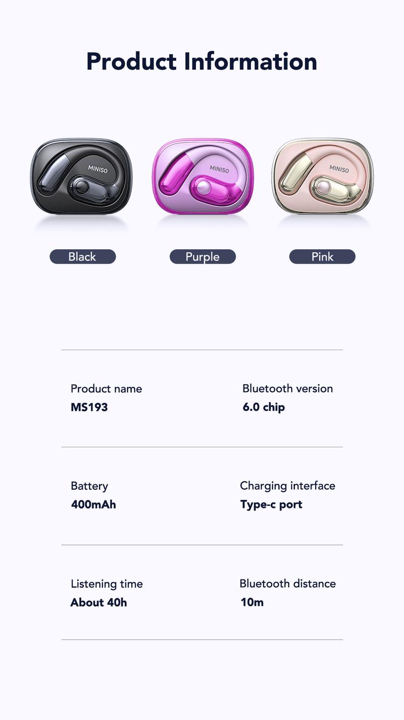 MINISO MS193 True Wireless OWS Open Ear Earphones Bluetooth 6.0 Headphones  Waterproof Over Ear Wireless Headset for Metting Electronic Audio& Video Earbuds