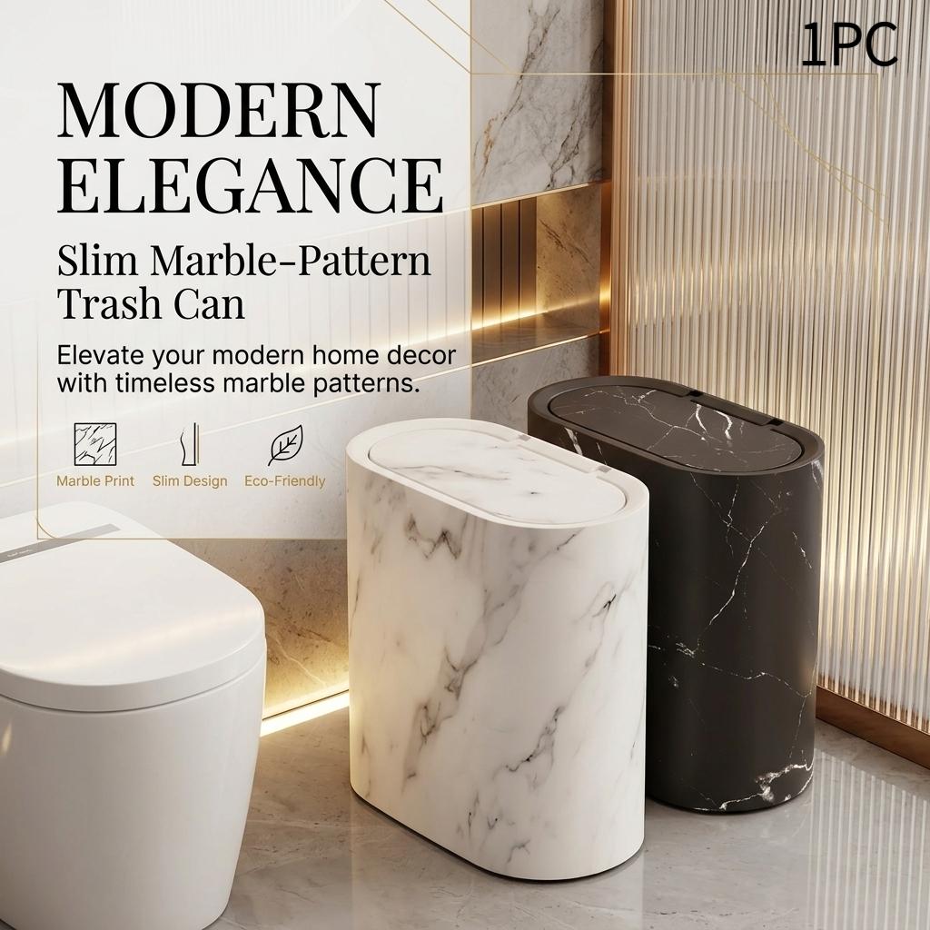 Modern Slim Marble-Pattern Trash Can with Lid, Elegant Narrow Waste Bin for Bathroom, Kitchen & Living Room, Eco-Friendly, Space-Saving Design