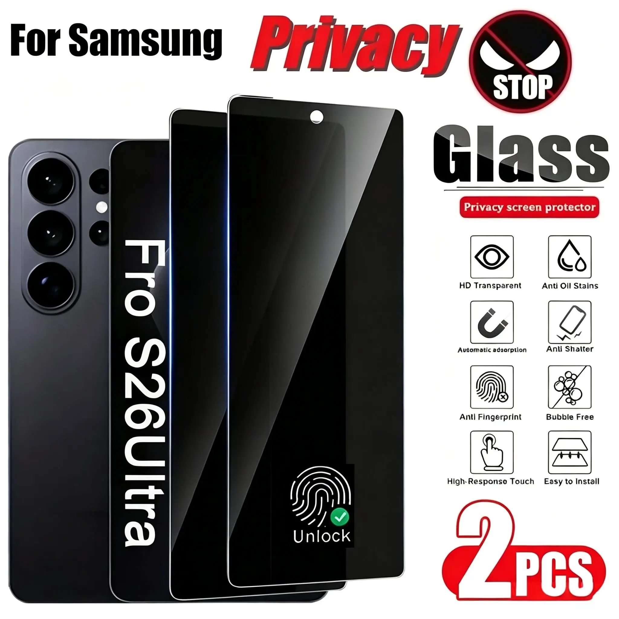 2pcs Full Coverage Privacy Durable Tempered Glass Screen Protector for Samsung Galaxy S26 Ultra/S25 Ultra/S24 Ultra/S26/S25/S24/S23/S22/S21/FE/Plus/S25 Edge/S23+/S22+/S21+, 9H+ Hardness, Fingerprint Unlocking, Anti-Scratch, Anti-Fingerprint, Case Friendly