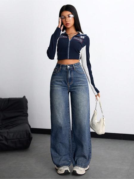 New Trendy Fashion Women's Straight Leg Wide-Leg Classic Versatile Elastic Comfortable Washed Denim Jeans, All Seasons Casual Wear, Bottoms