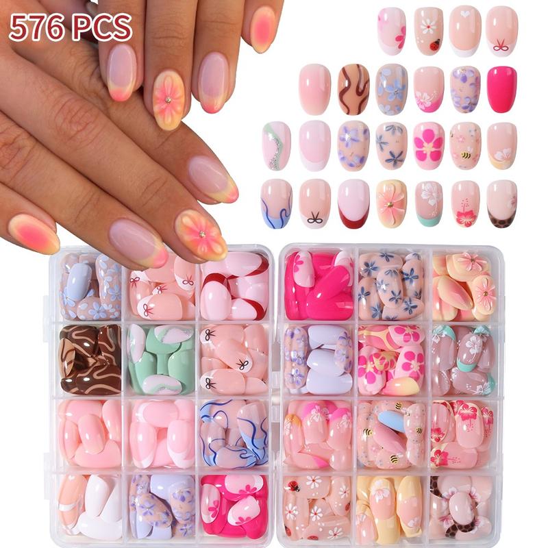576pcs Short Oval Floral Print Fake Nails Set, Heart Bow Stripe Design, Glossy Finish, Reusable Press-On Nails for Women Girls 576pcs Short Oval Floral Print Fake Nails Set, Heart Bow Stripe Design, Glossy Finish, Reusable Press-On Nails for Women Girls