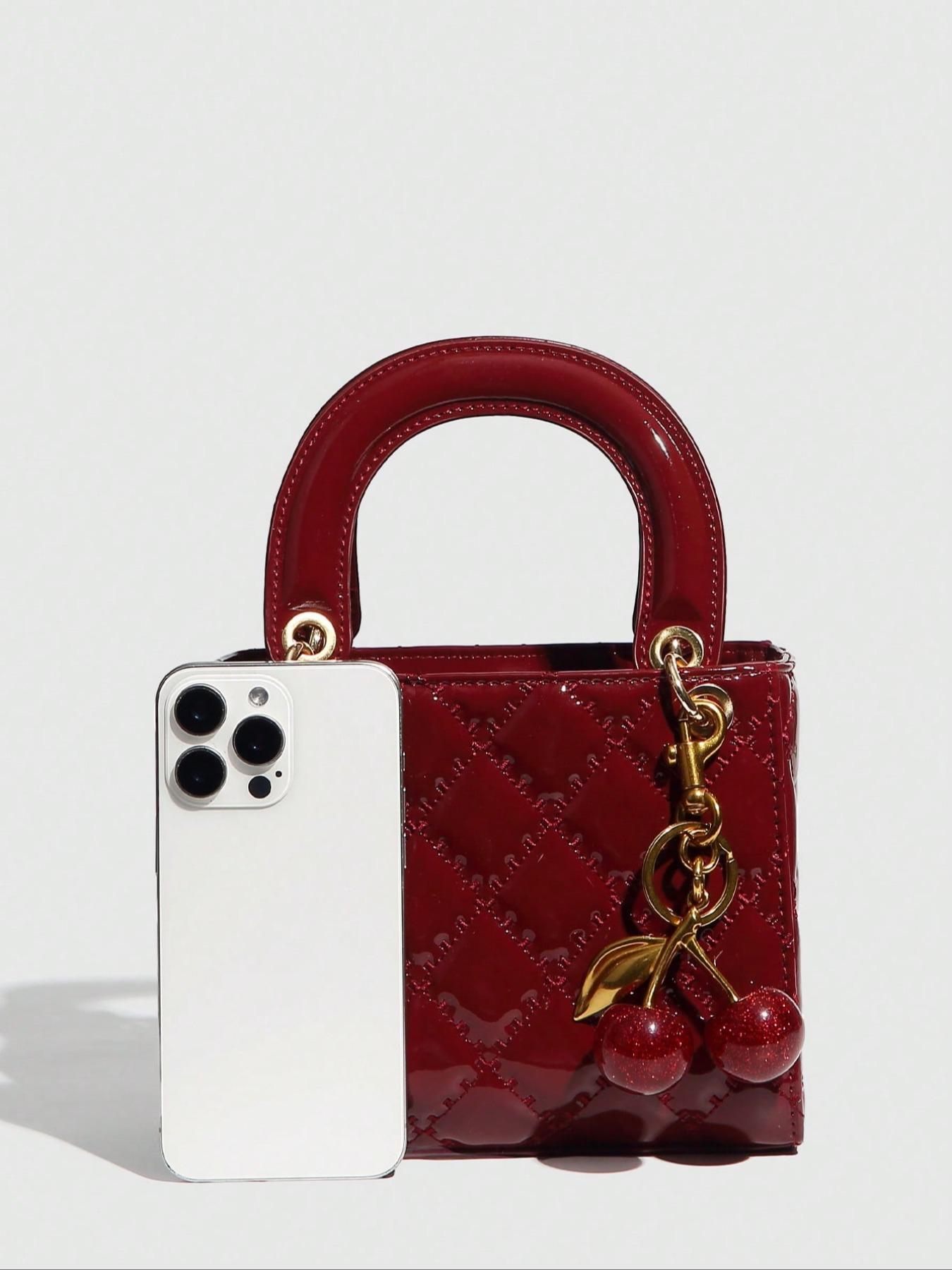 Checkered Bag with Cherry Charm, Fashionable Versatile Handbag, Casual Shoulder Crossbody Bag, Women's Stylish Tote, Convertible Shoulder Bags
