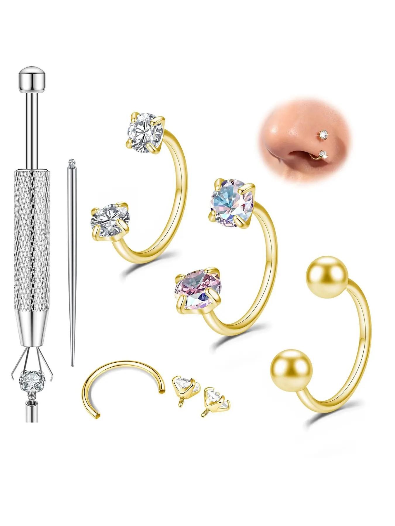 Cute Horseshoe Nose Ring, Gold Silver Nose Rings Hoops with Double CZ Gems, Hypoallergenic Septum Ring for Women Men, Small Cartilage Helix Tragus Daith Labret Piercing Jewelry 20G/18G 8mm Helix Pierced Ring