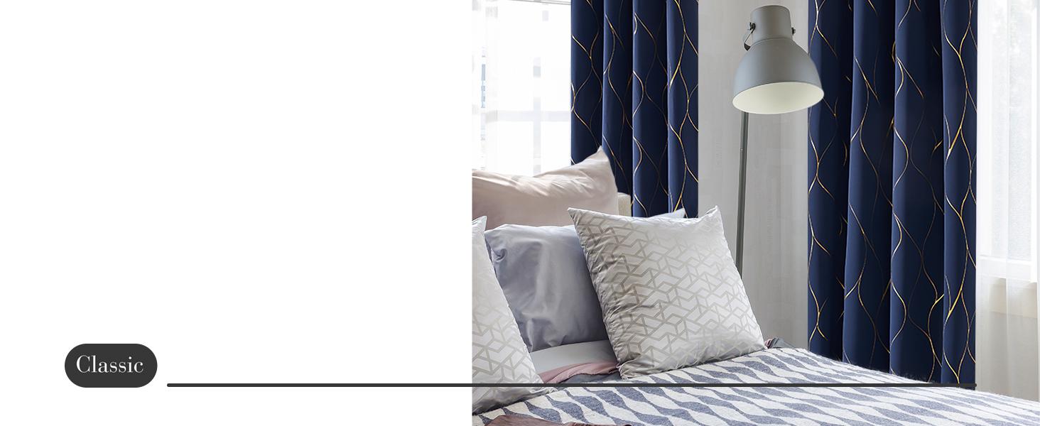 Deconovo Blackout Curtains (2 Panels & Gold Wave Foil Print) - Thermal Insulated,Soundproof Printed Drapes for Living Room, Bedroom, Sliding Glass Door and Office