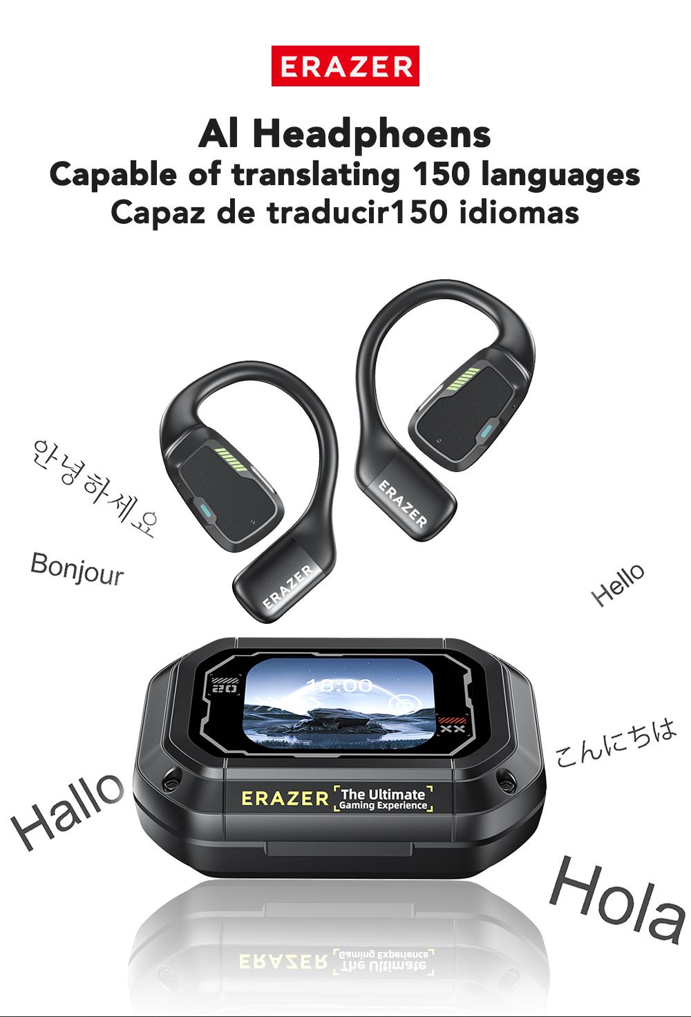 ERAZER Open Ear Translation Earbuds, Support 135 Languages Translator with APP, Real Time Translator Earbuds, OWS LCD Touchscreen Translator Bluetooth Headphones Long Battery Life Ear Buds Compatible with iPhone, Android, Black