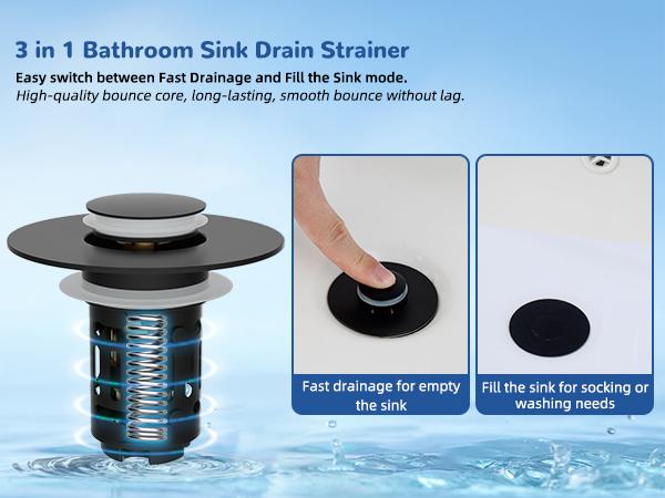 Hibbent Upgraded 3-in-1 Bathroom Sink Drain Strainer Bathroom Accessories Set, Universal Pop-Up Stopper with Removable Stainless Steel Filter Basket Hair Catcher, Brass Bullet Core Plug for 1.1"-2.36" Basins, Matte Black