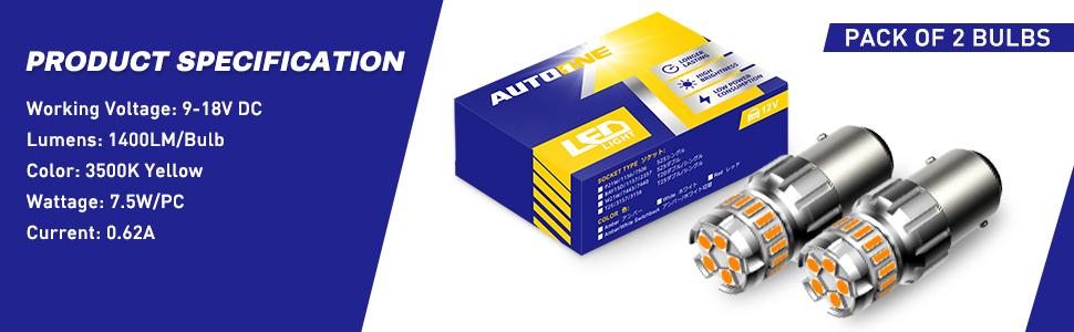 1157 LED Bulb Amber Yellow for Turn Signal Light Bulb, 2057 2357 7528 BAY15D LED Bulb for Blinker Lights, Brake Lights, 300% Brighter Canbus Ready Non-Polarity Plug and Play, Pack of 2, AUTOONE