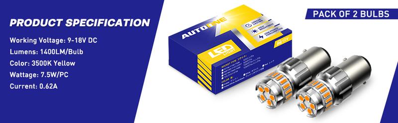 1157 LED Bulb Amber Yellow for Turn Signal Light Bulb, 2057 2357 7528 BAY15D LED Bulb for Blinker Lights, Brake Lights, 300% Brighter Canbus Ready Non-Polarity Plug and Play, Pack of 2, AUTOONE