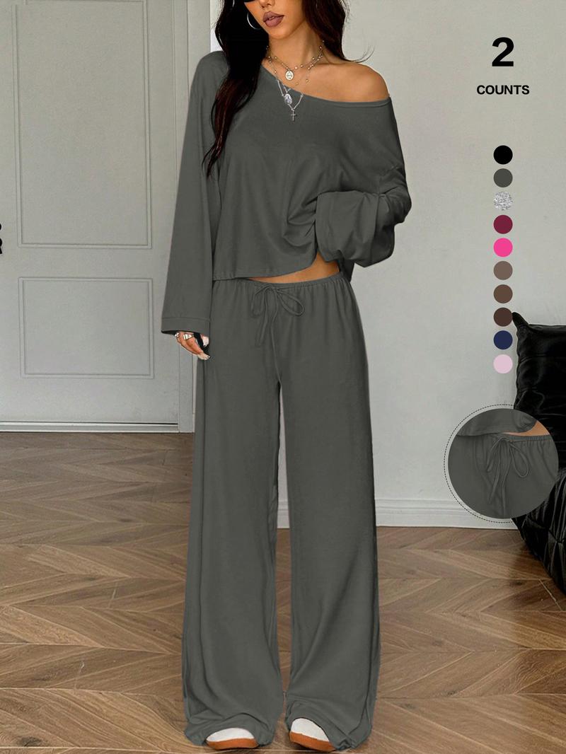Women's 2 Piece Matching Lounge Set, off the Shoulder Long Sleeve Top, Drawstring Wide Leg Pants, Casual Sweatsuit, All Seasons