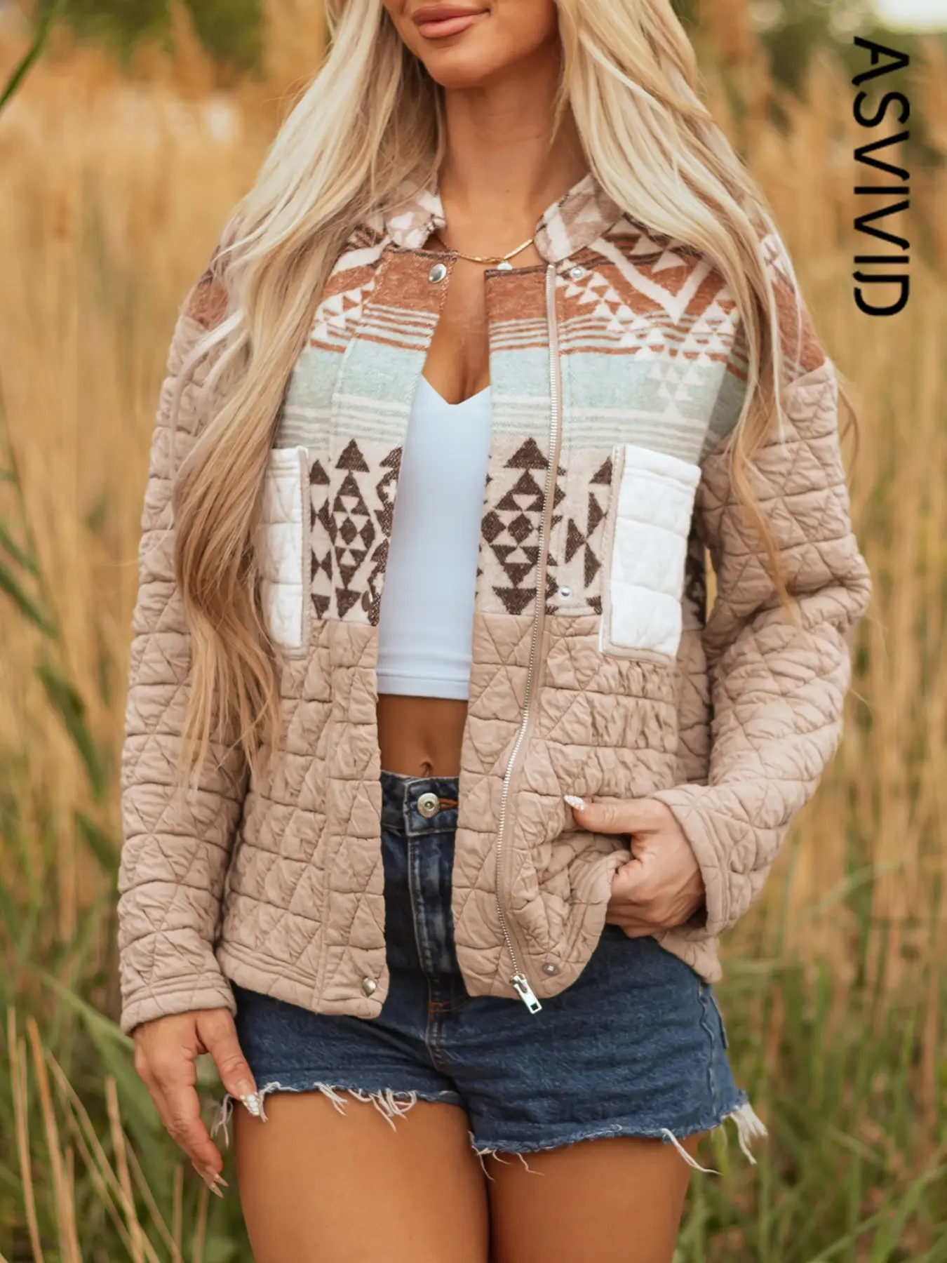 Women's Aztec Print Quilted Patchwork Long Sleeve Jacket, Casual Elegant Fashion Western Style Stand Collar Coat, Winter Thick Outerwear with Chest Pockets