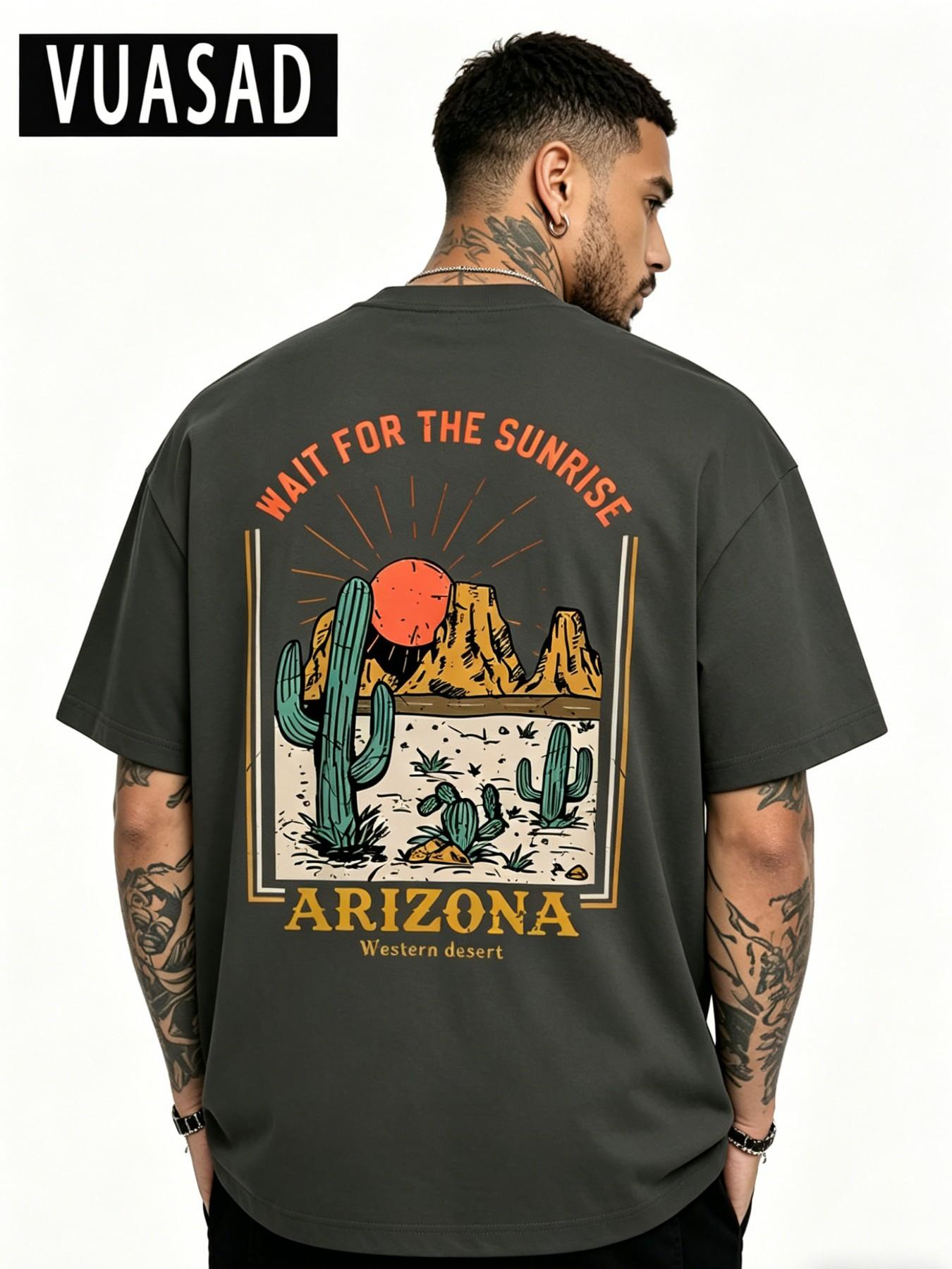 Men's Desert Cactus Landscape Casual Short Sleeve T-Shirt, Vintage Washed Style, Loose-Fit Pure Cotton Top, Daily Wear
