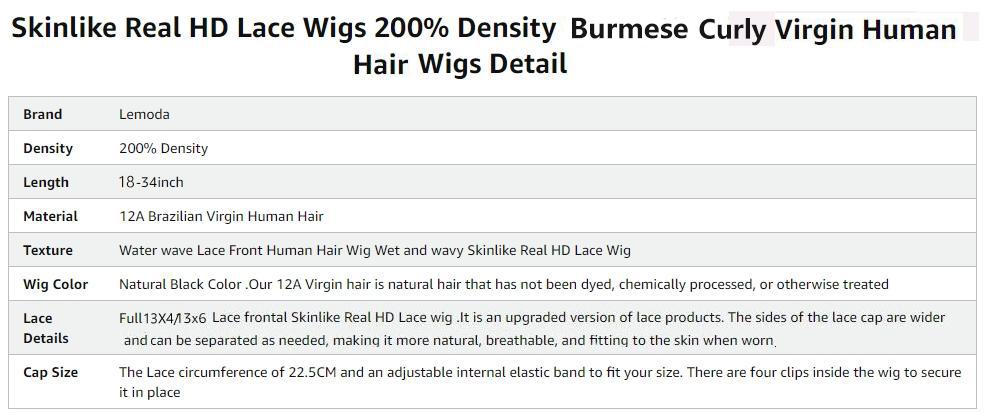 【Hot】Lemoda 200% Density Full 13x6 SKINLIKE Real HD Lace Frontal Burmese Curly Virgin Human Hair Wigs Invisible 0.1mm Ultra-thin Frayed Ends Lace Front Wig Pre Plucked Tiny Knots