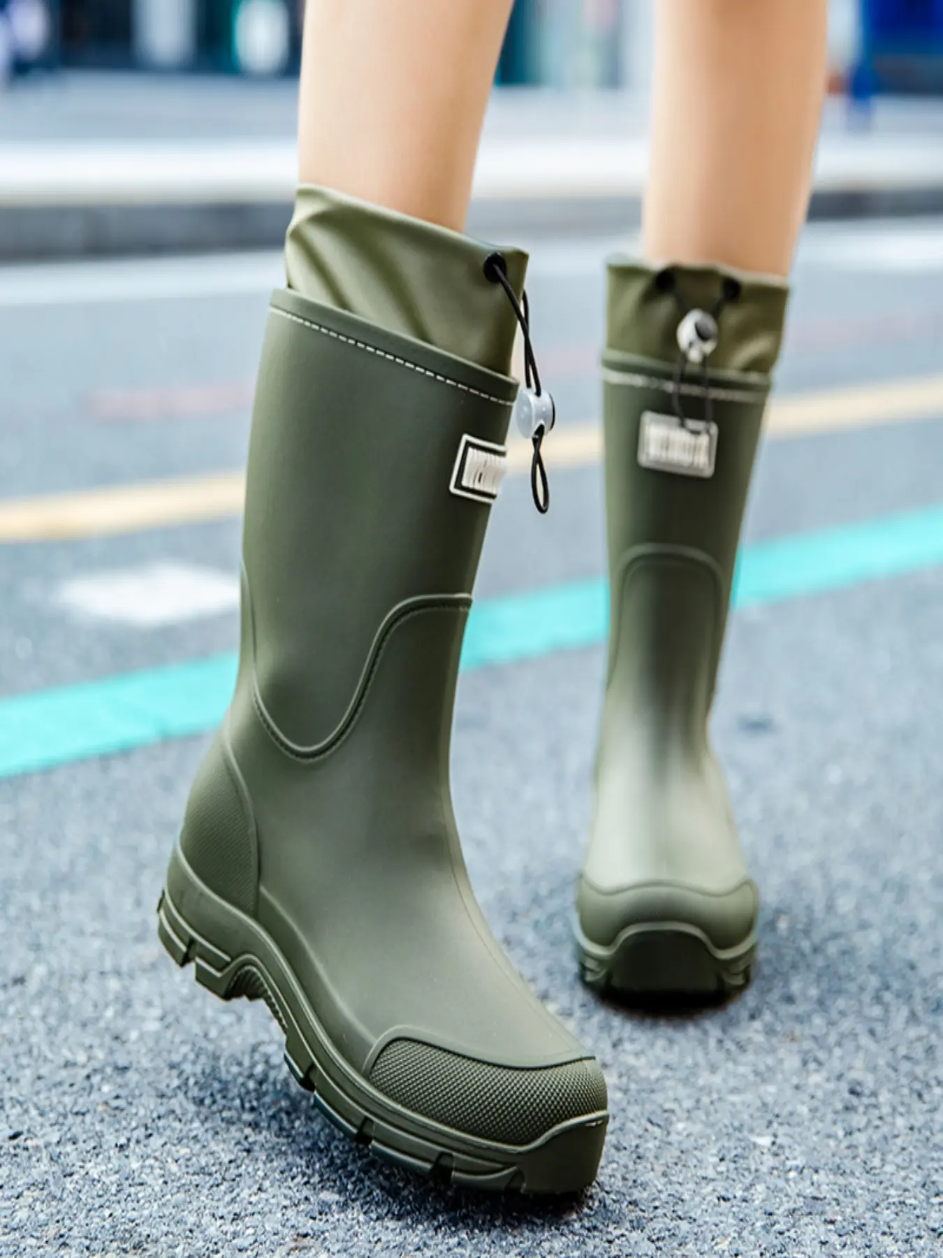 Women Mid Calf Rain Boots Non Slip Waterproof Outdoor Work Garden Shoes With Drawstring Cuff