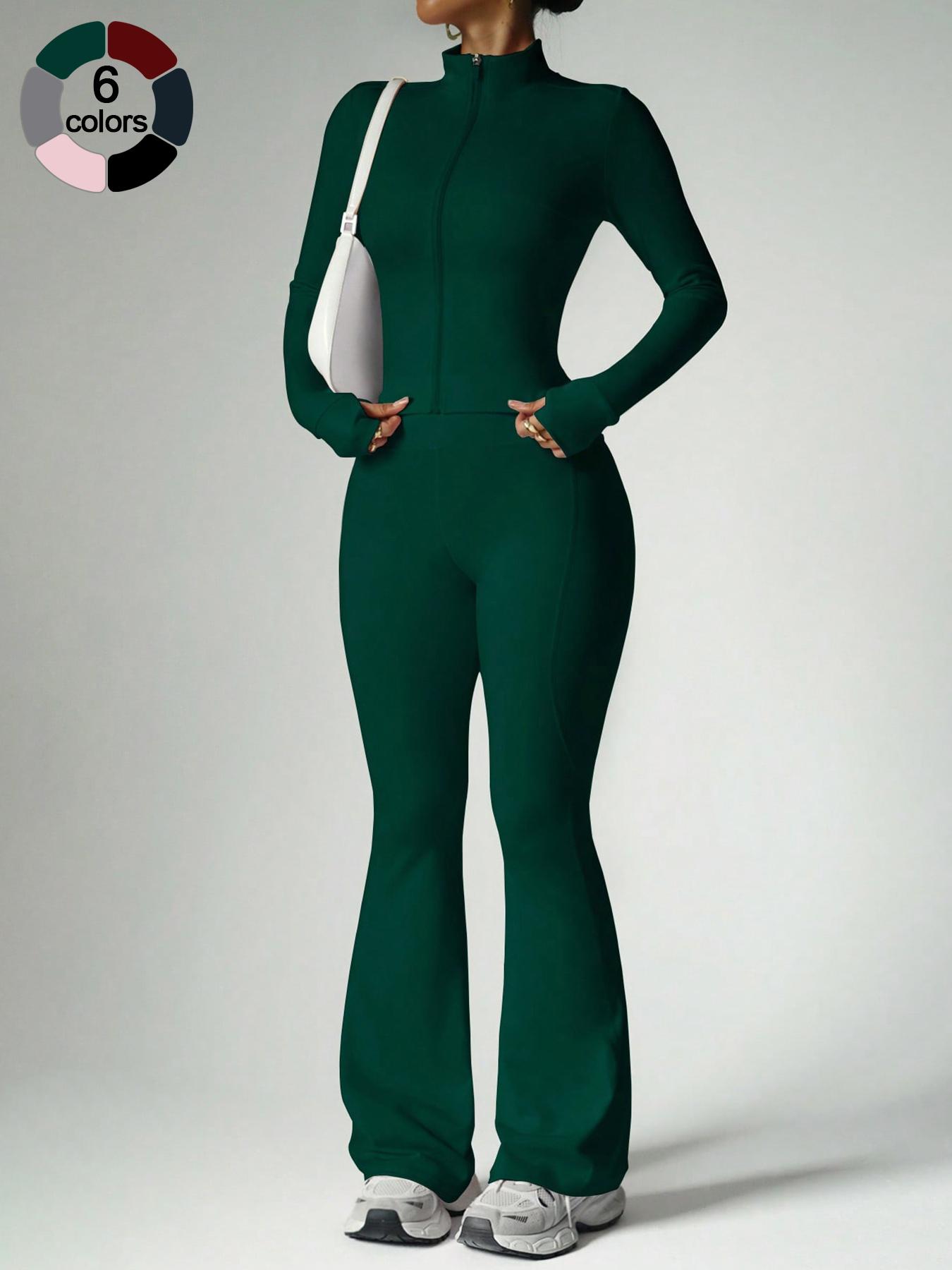 Women's 2-Piece Solid Color Set Long Sleeve Stand Collar Jacket with Thumb Holes, Breathable Yoga Athleisure Wear Set for Gym Outdoor Running Sweatsuit Set