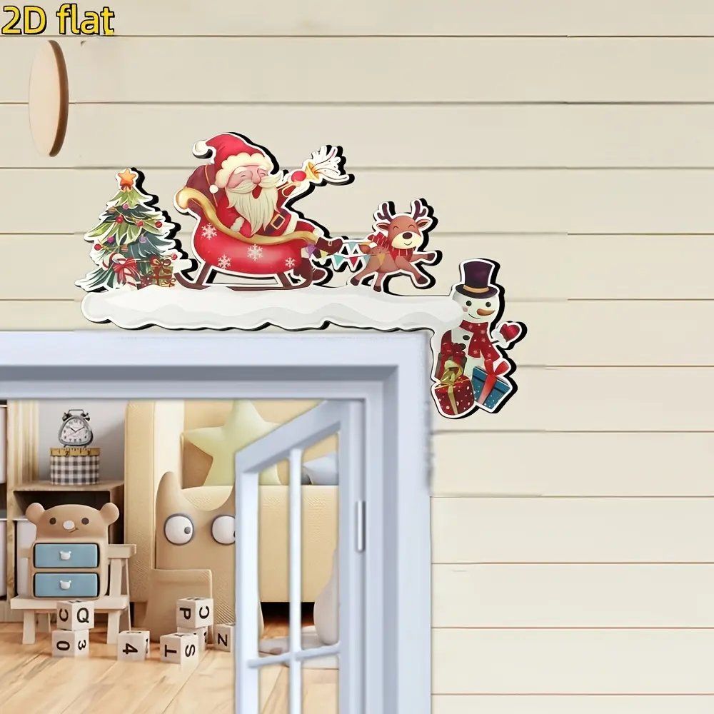 2D Flat Wooden Christmas Door Corner Decor Santa Claus Themed Hollow Hanging Sign Reusable Boho Holiday Ornament Seasonal Wall Window Decoration for Door Frame Wall Window Xmas Home Party Decor