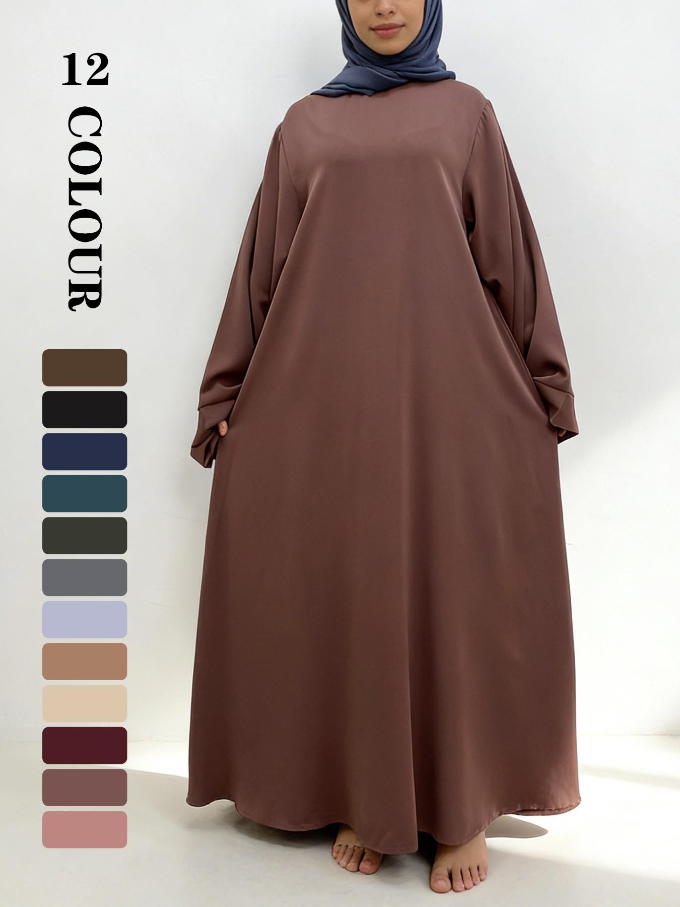 Muslim Modest Fashion Simple Nida High-Quality Long Sleeve Wide Sleeve Dress with Waist Belt, No Hijab Included, 12 Colors, 5 Sizes Available EID Ramadan Dress, Muslim Evening Dress