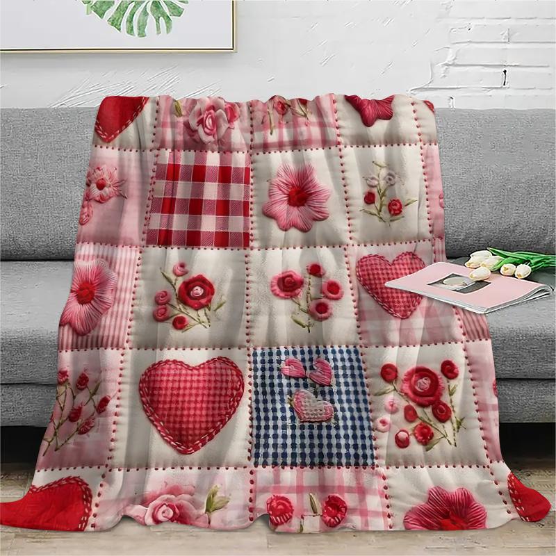 Valentine's Day Heart Plaid Digital Print Flannel Blanket, Soft Comfortable Sofa Bed Throw, Office Nap Shawl, Outdoor Sports Multi-Purpose Blanket